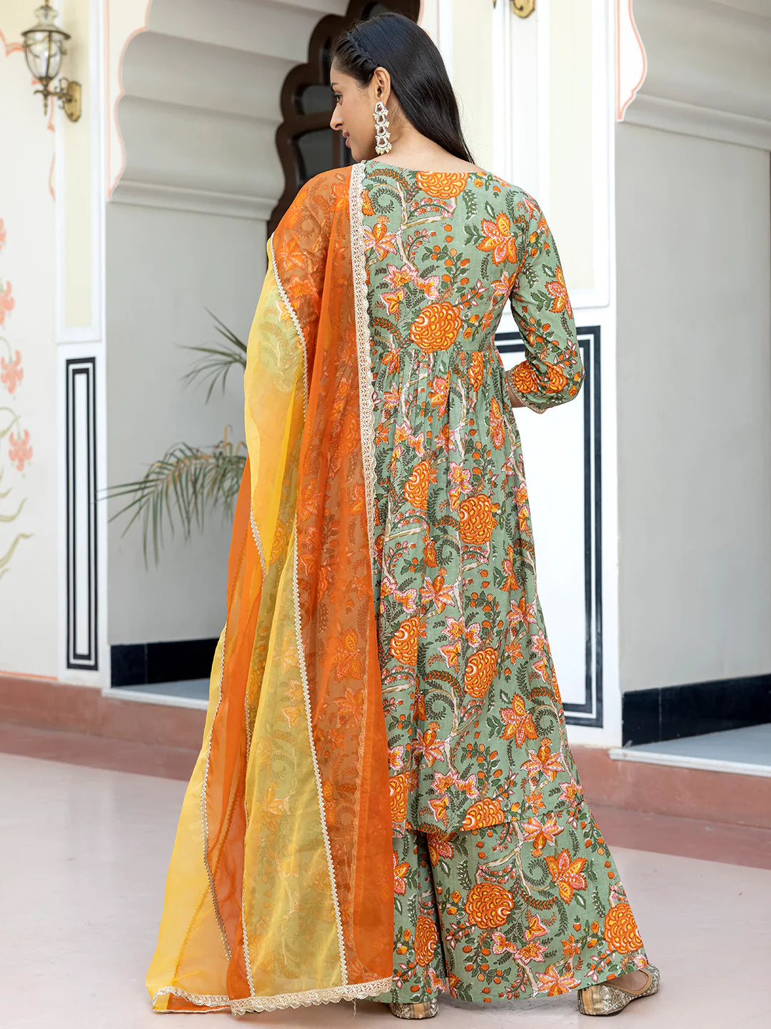 Green Cotton Embellished Ethnic Printed Kurta With Flared Palazzo And Dupatta