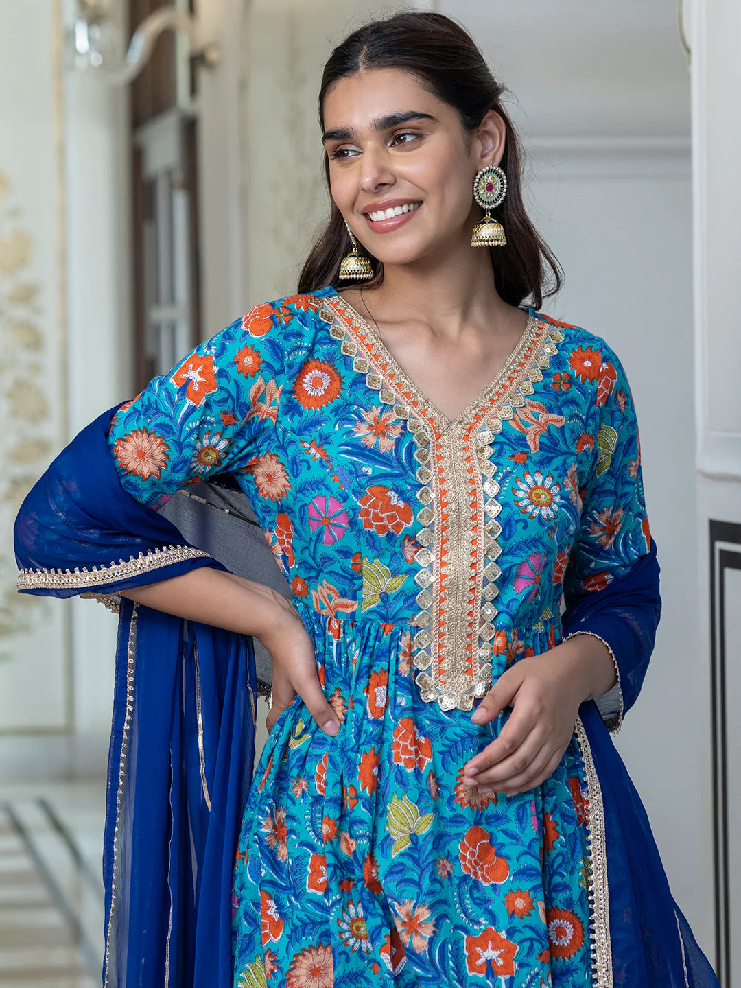 Sky Blue Cotton Embellished Ethnic Printed Kurta With Flared Palazzo And Dupatta