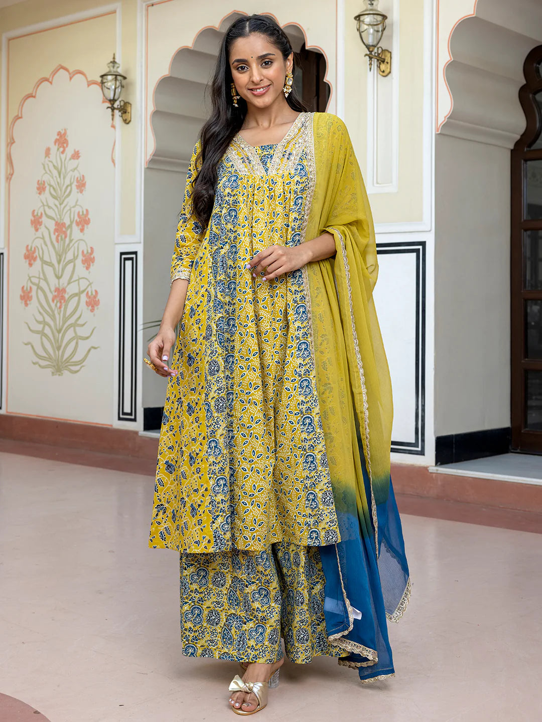 Lime Green Cotton Embellished Ethnic Printed Kurta With Flared Palazzo And Dupatta Silae