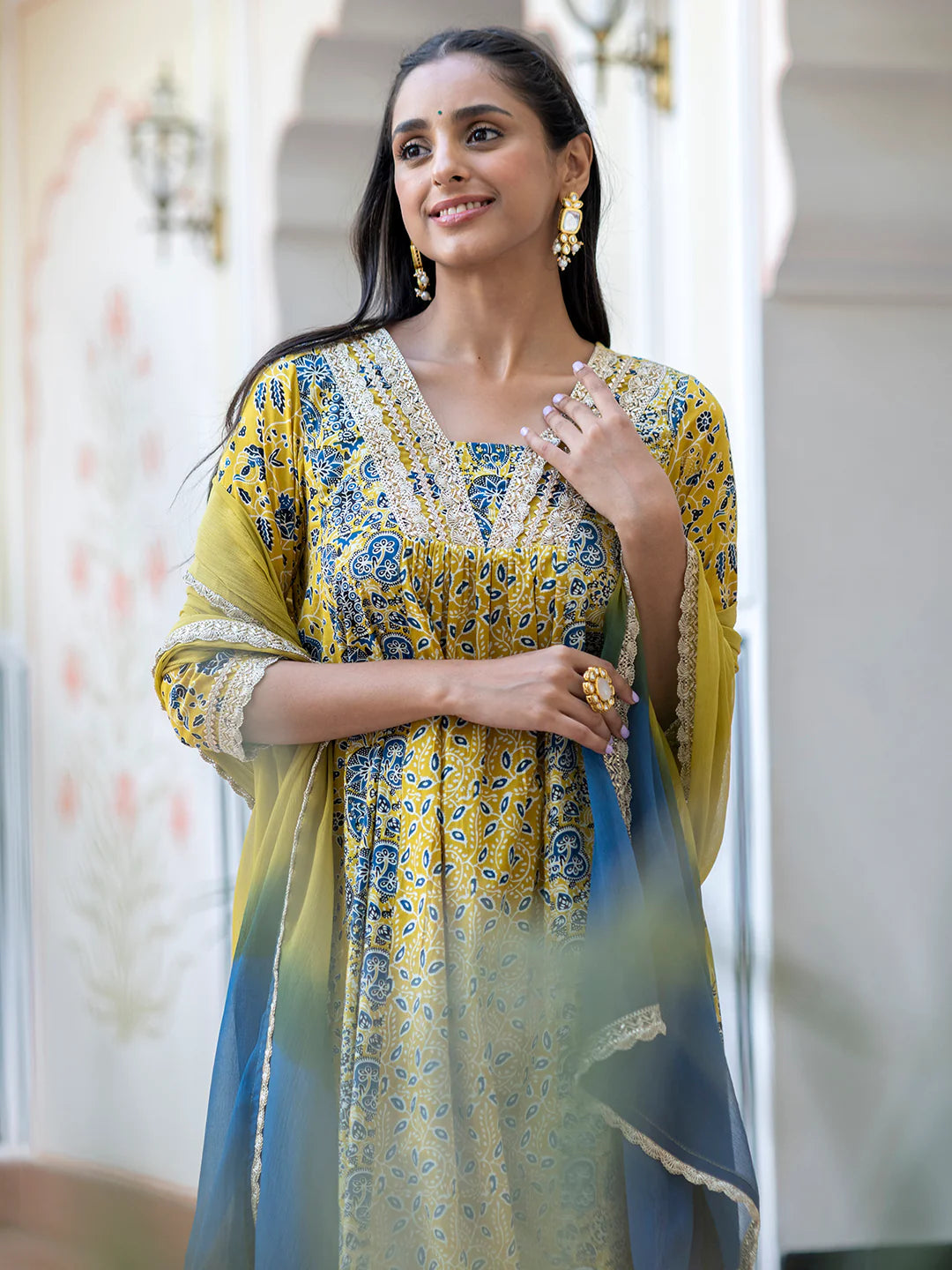 Lime Green Cotton Embellished Ethnic Printed Kurta With Flared Palazzo And Dupatta Silae