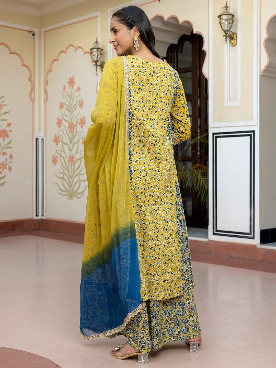 Lime Green Cotton Embellished Ethnic Printed Kurta With Flared Palazzo And Dupatta Silae