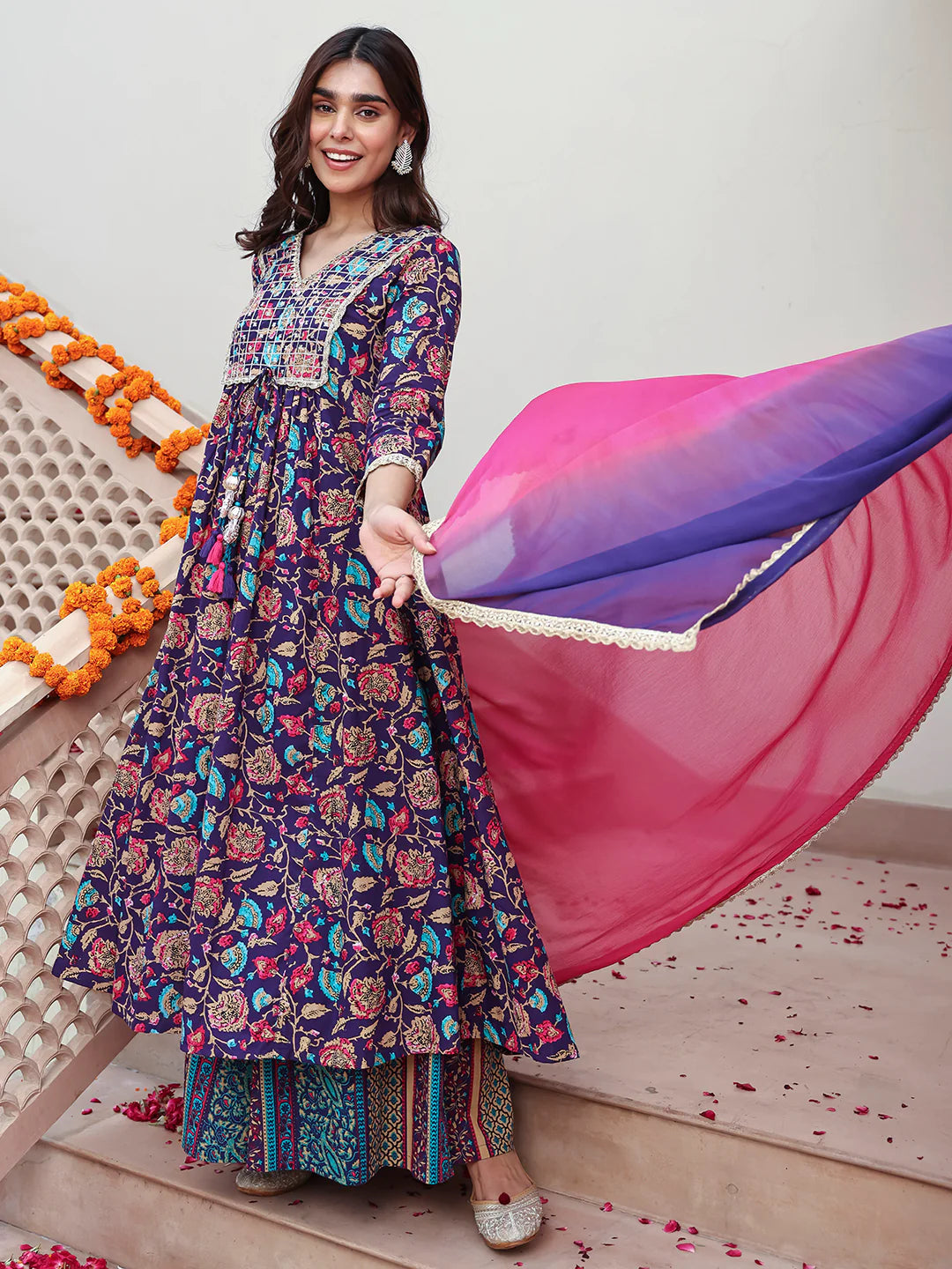 Purple Cotton Embellished Ethnic Printed Kurta With Flared Palazzo And Dupatta Silae