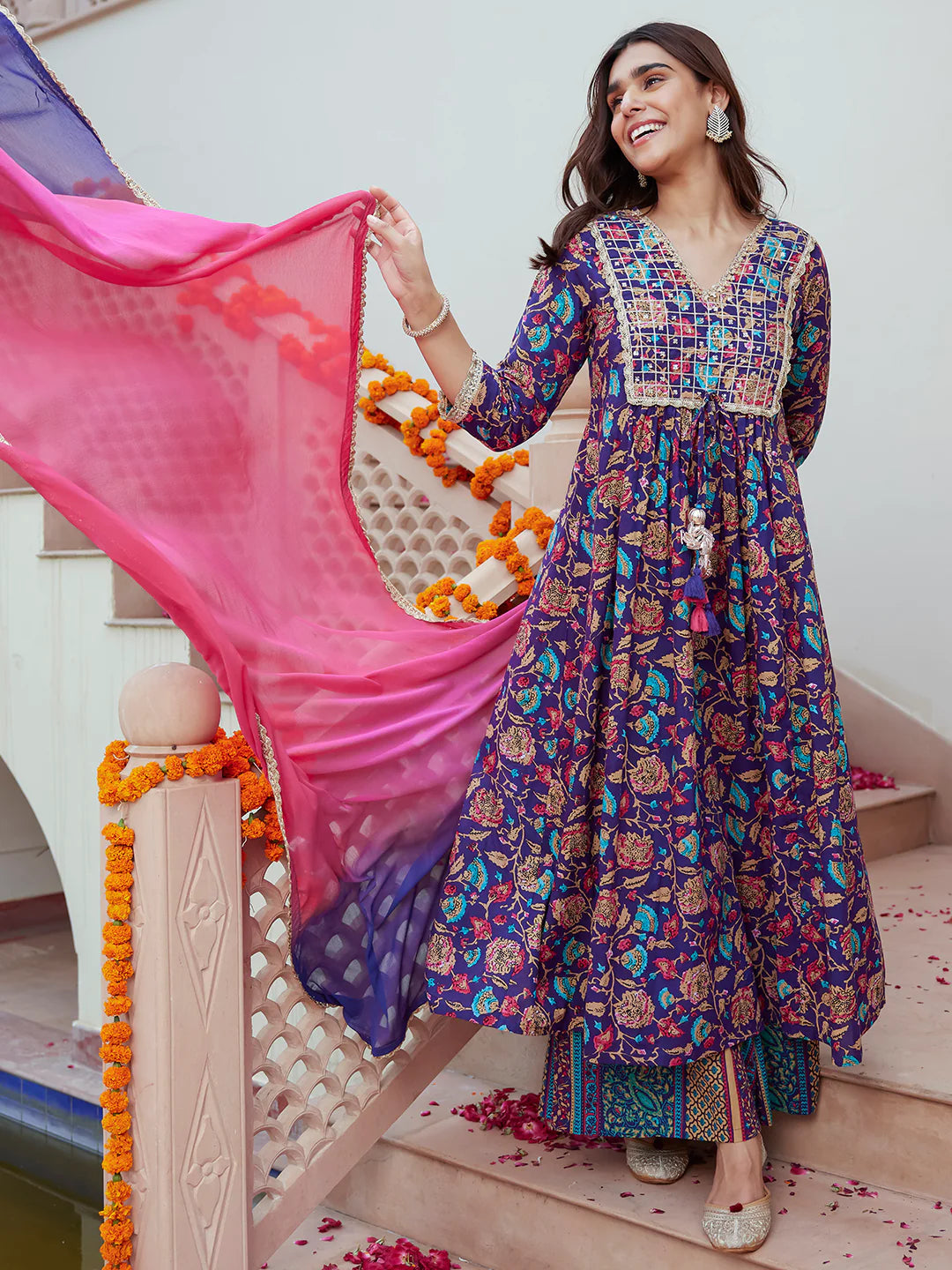 Purple Cotton Embellished Ethnic Printed Kurta With Flared Palazzo And Dupatta Silae