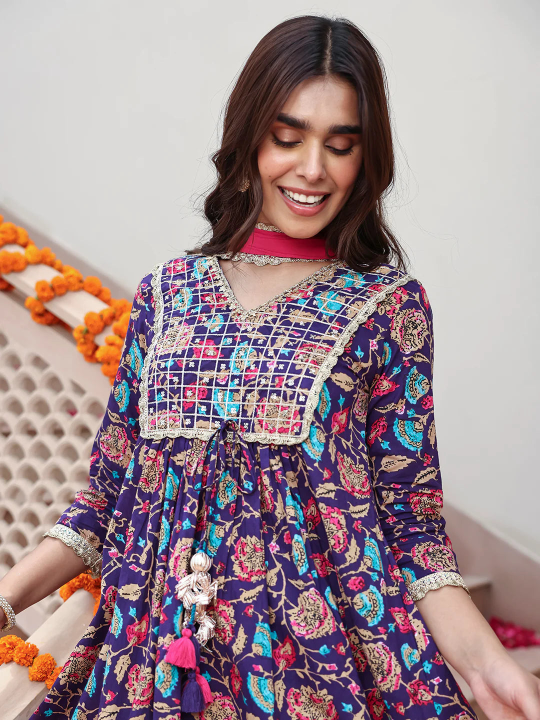 Purple Cotton Embellished Ethnic Printed Kurta With Flared Palazzo And Dupatta Silae