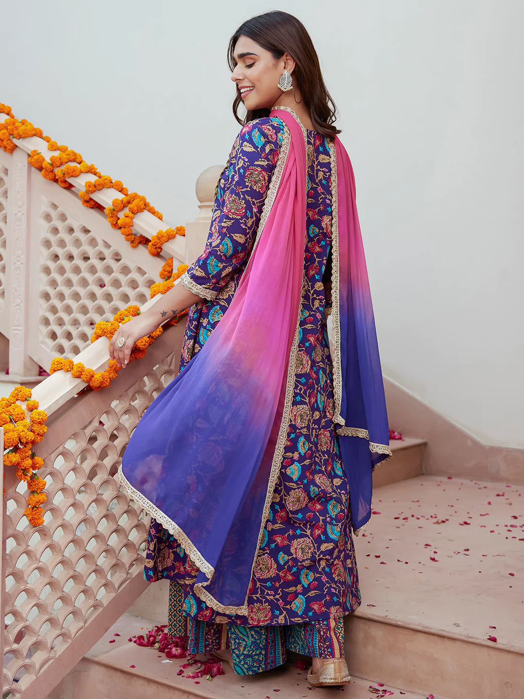 Purple Cotton Embellished Ethnic Printed Kurta With Flared Palazzo And Dupatta Silae