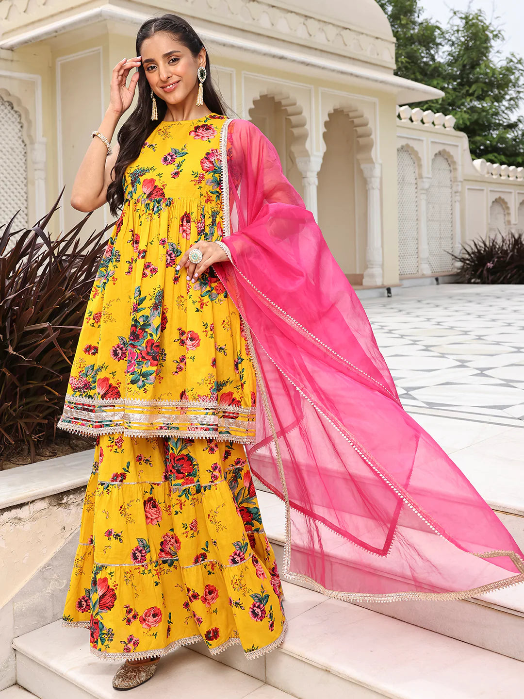Yellow Cotton Embellished Short Kurta With Sharara And Dupatta