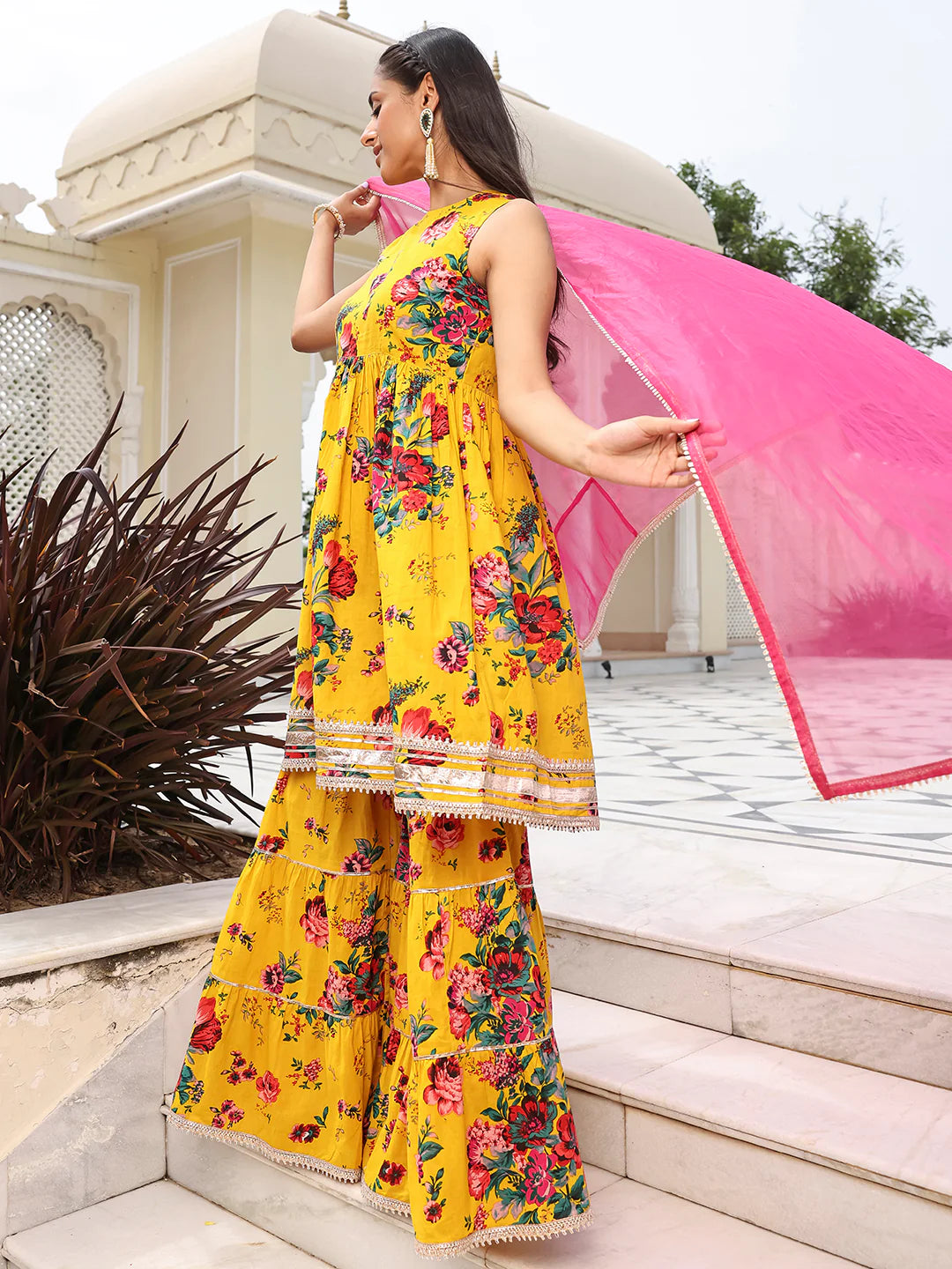 Yellow Cotton Embellished Short Kurta With Sharara And Dupatta