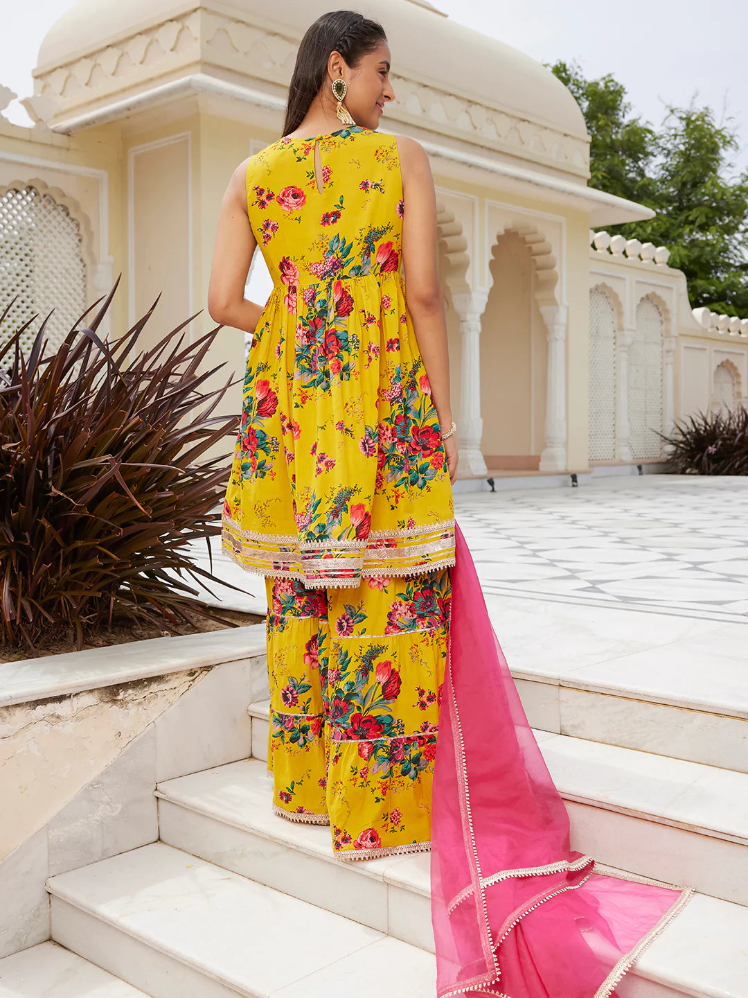 Yellow Cotton Embellished Short Kurta With Sharara And Dupatta