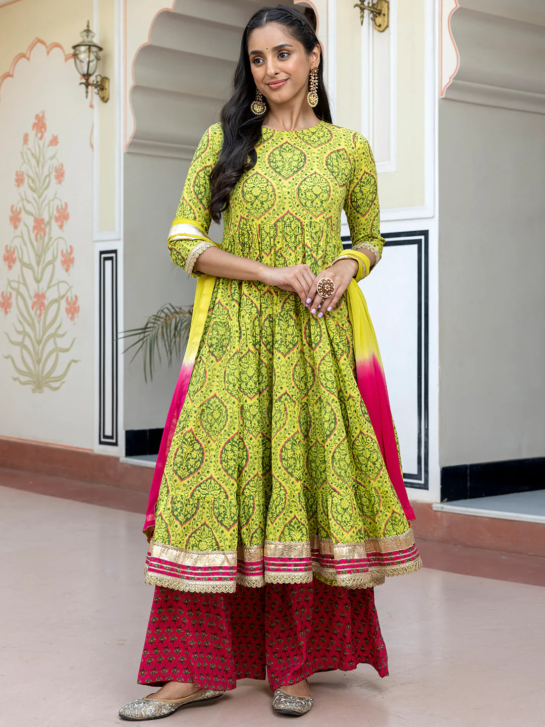 Lime Green Cotton Embellished Floral Printed Kurta With Flared Palazzo And Dupatta Silae