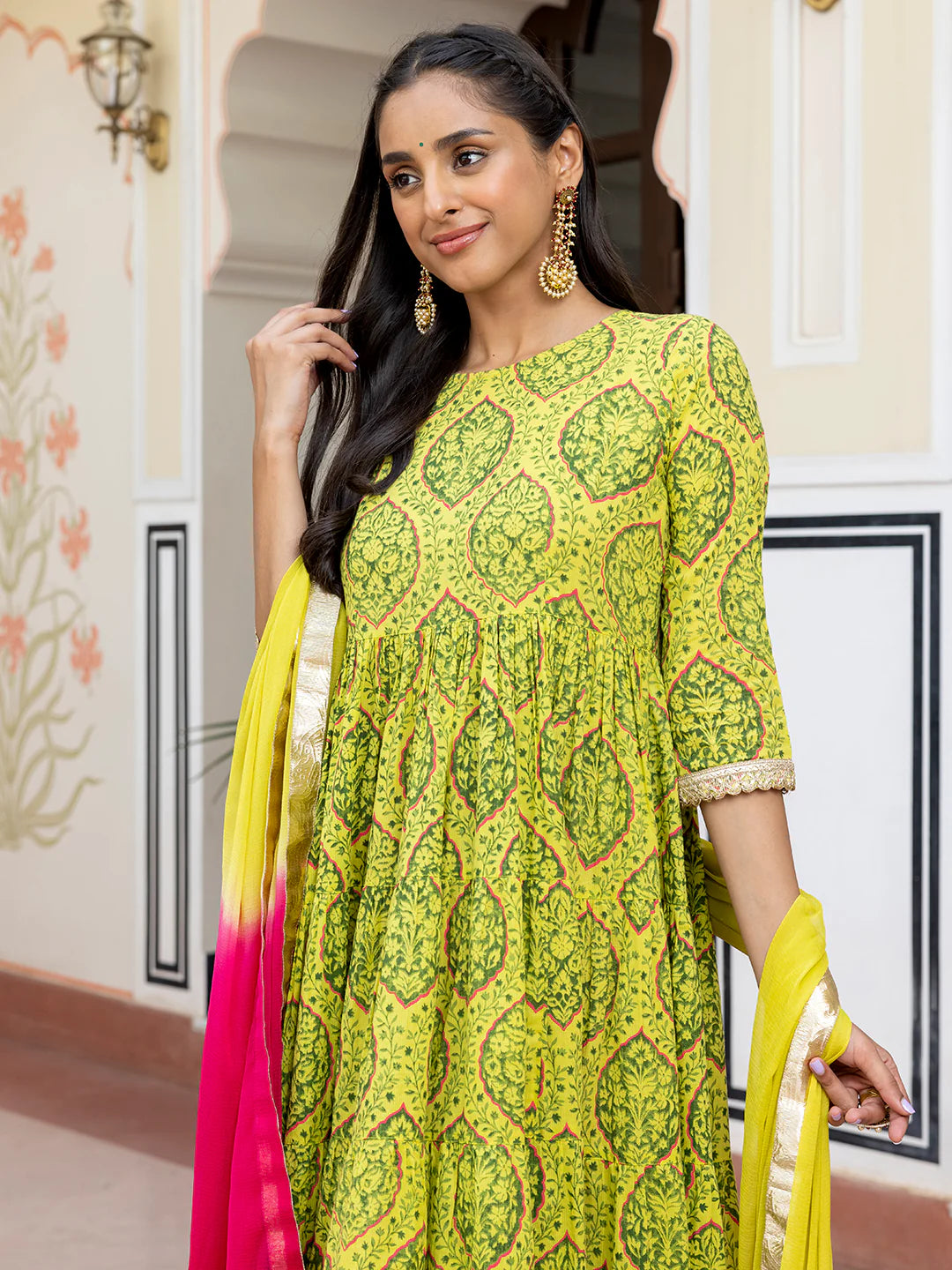 Lime Green Cotton Embellished Floral Printed Kurta With Flared Palazzo And Dupatta Silae