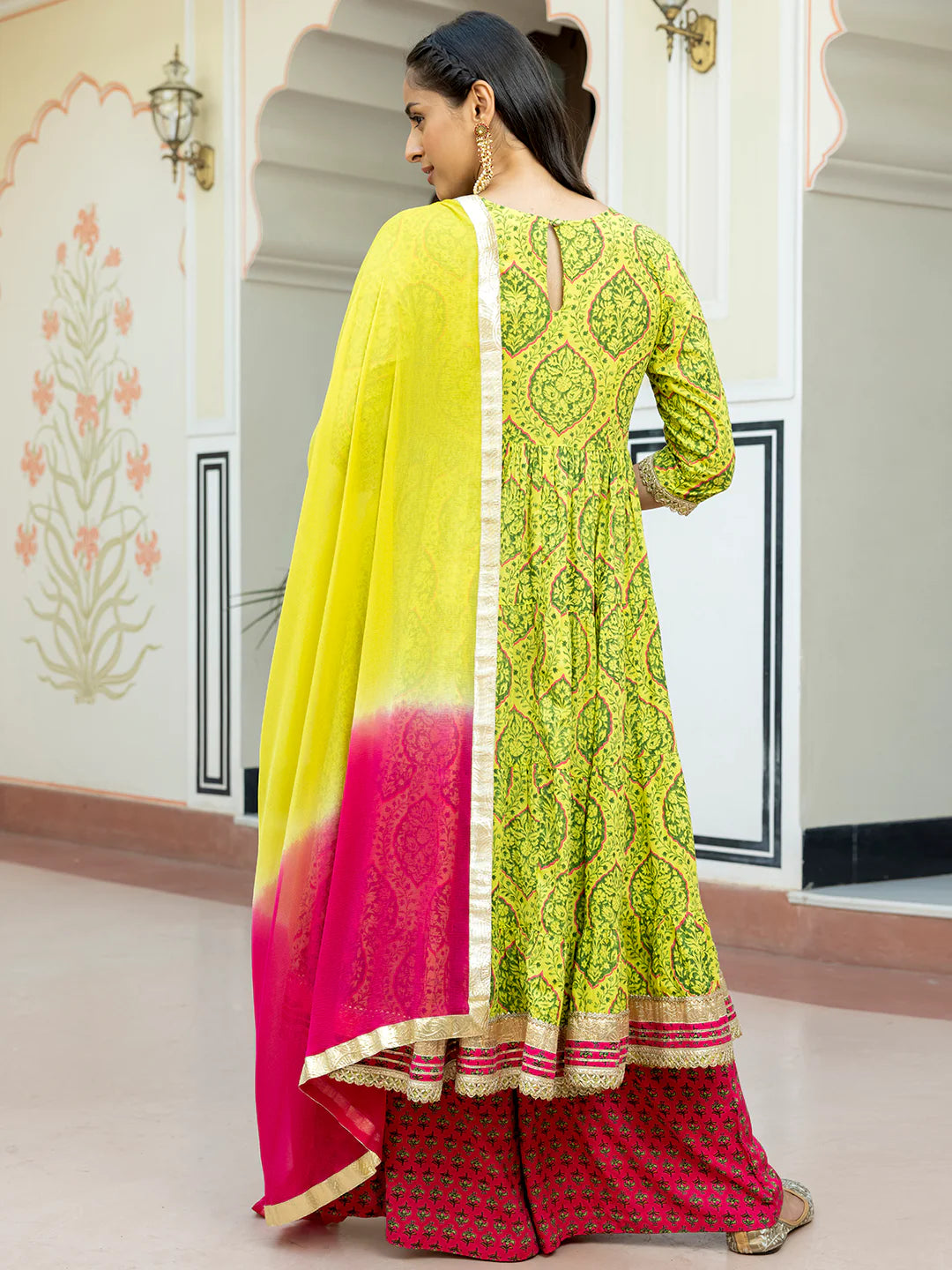 Lime Green Cotton Embellished Floral Printed Kurta With Flared Palazzo And Dupatta Silae