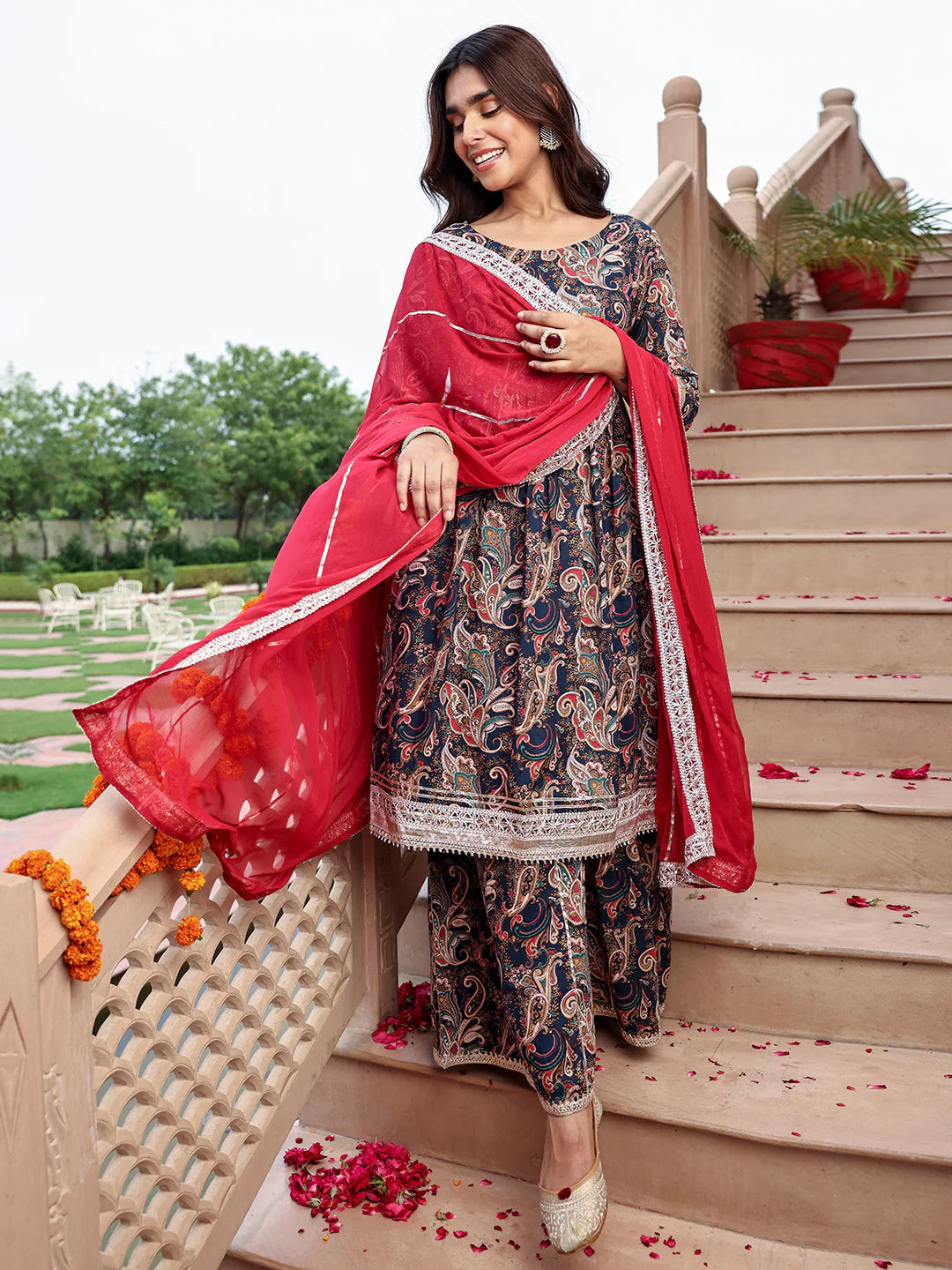 Navy Blue Cotton Ethnic Printed Kurta With Flared Palazzo And Dupatta Silae