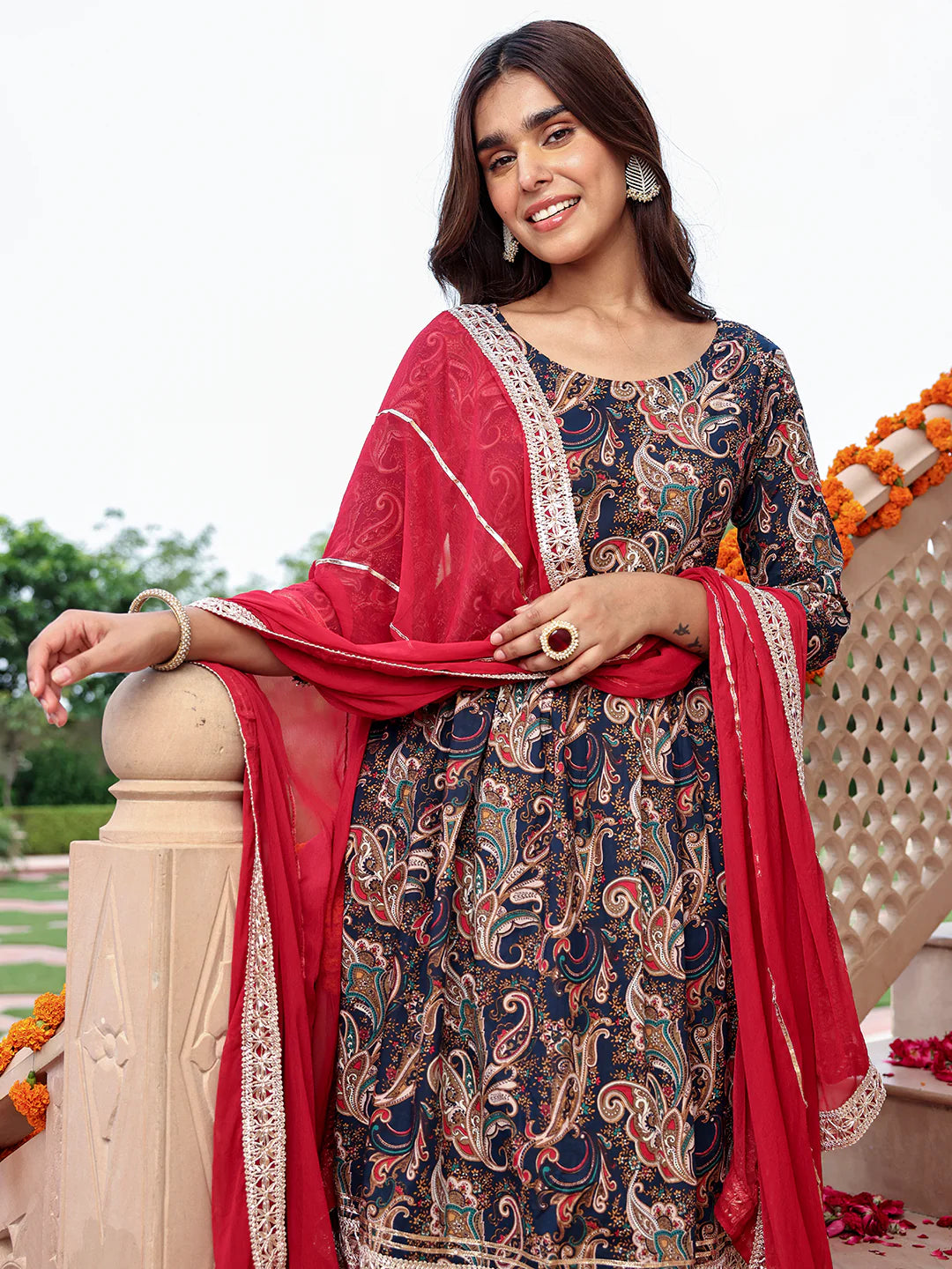 Navy Blue Cotton Ethnic Printed Kurta With Flared Palazzo And Dupatta Silae