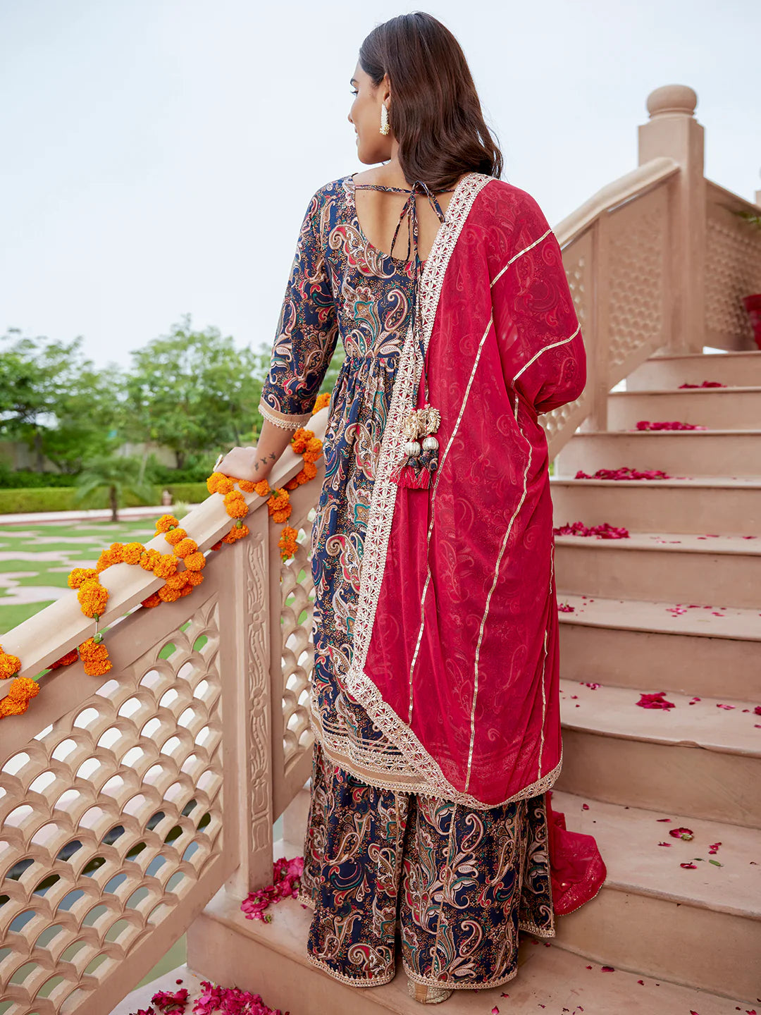 Navy Blue Cotton Ethnic Printed Kurta With Flared Palazzo And Dupatta Silae