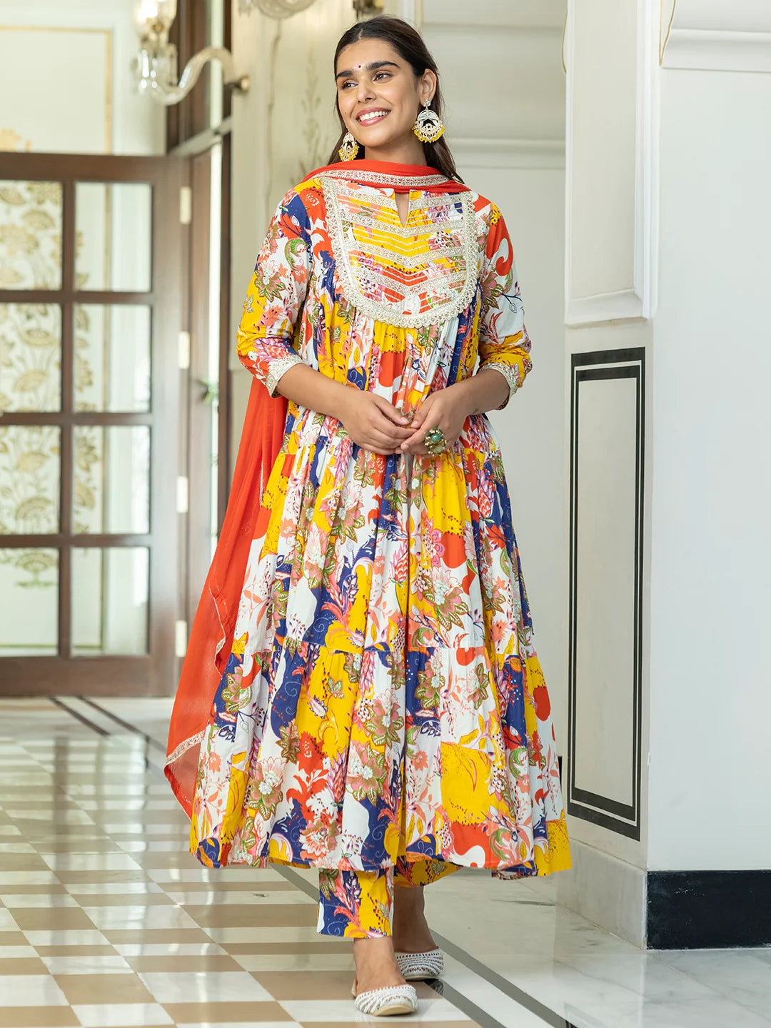 Multicolor Cotton Embellished Floral Printed Kurta With Pant And Dupatta Silae