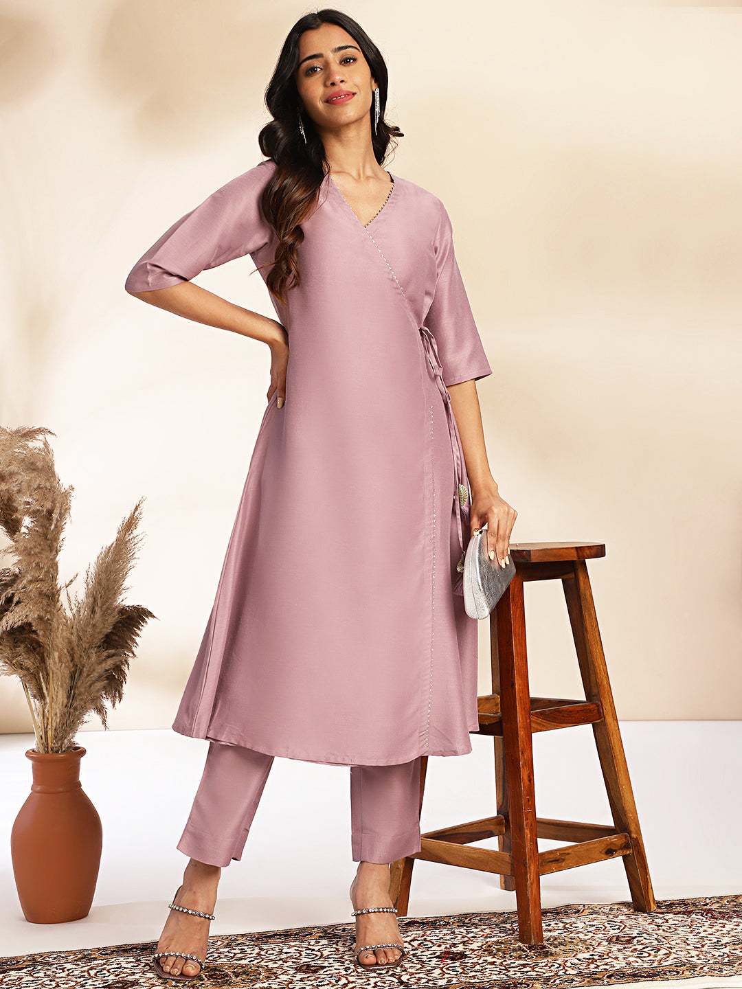 Lavender Silk Blend Solid Angrakha Kurta Set
