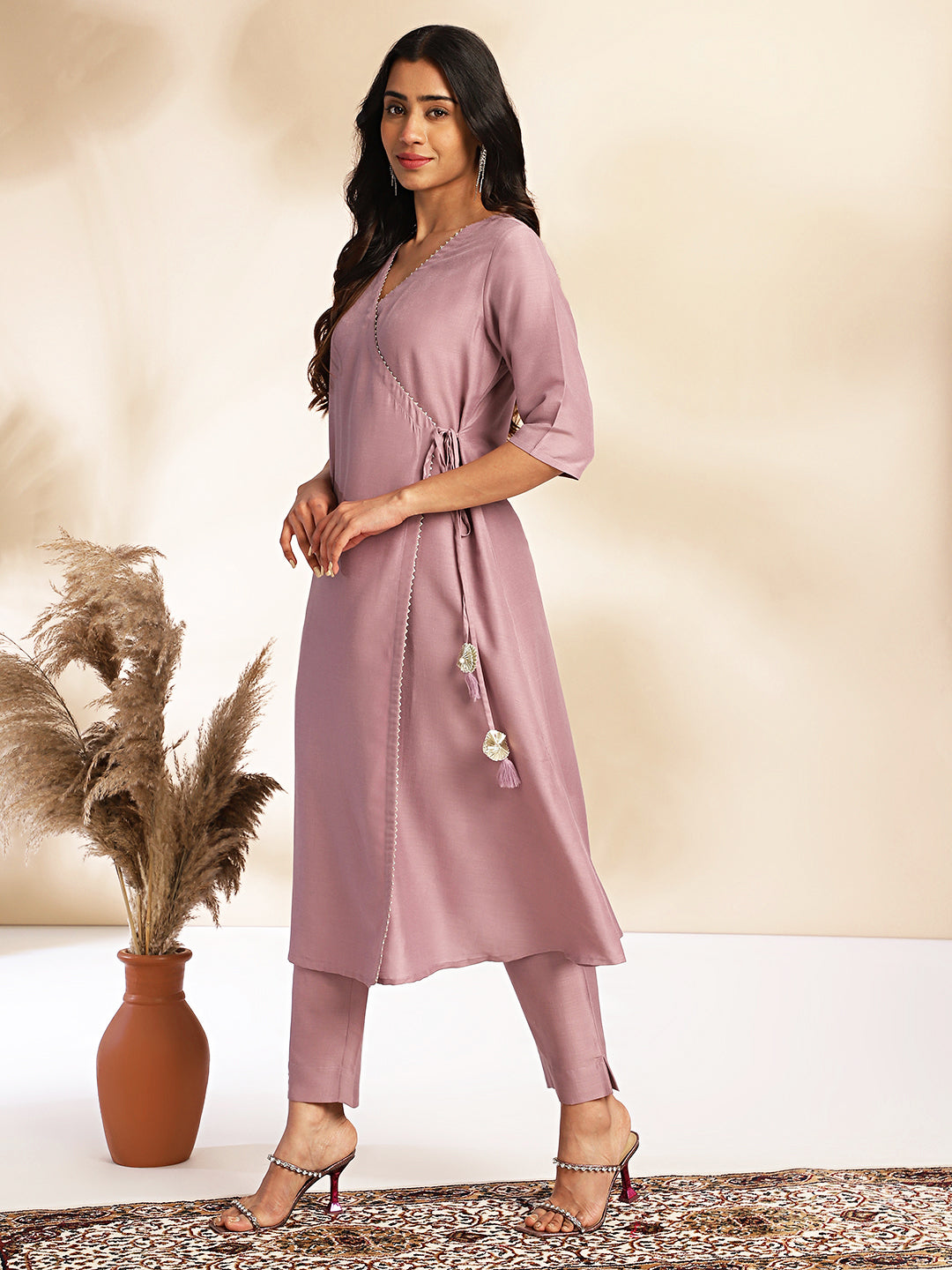 Lavender Silk Blend Solid Angrakha Kurta Set