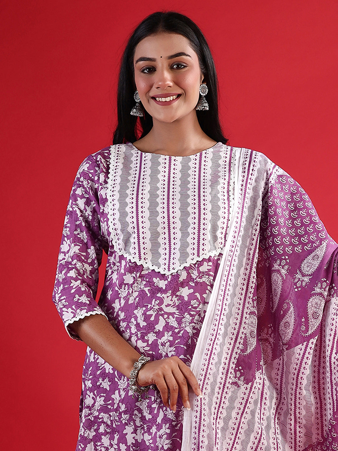 Lavender Printed Straight Kurta Trousers With Dupatta Set