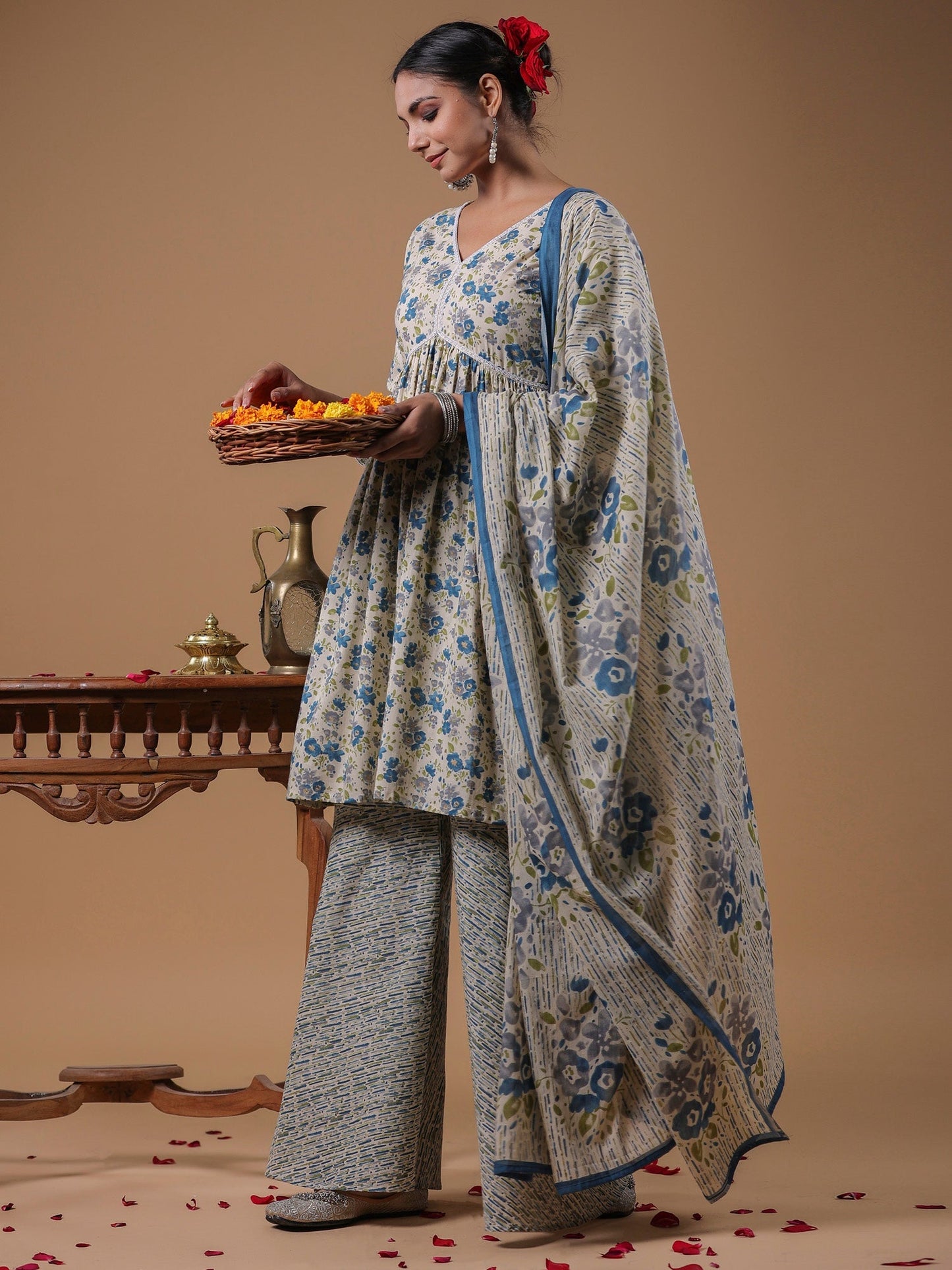 Indo Era Beige Printed A-Line Kurta Sharara With Dupatta set