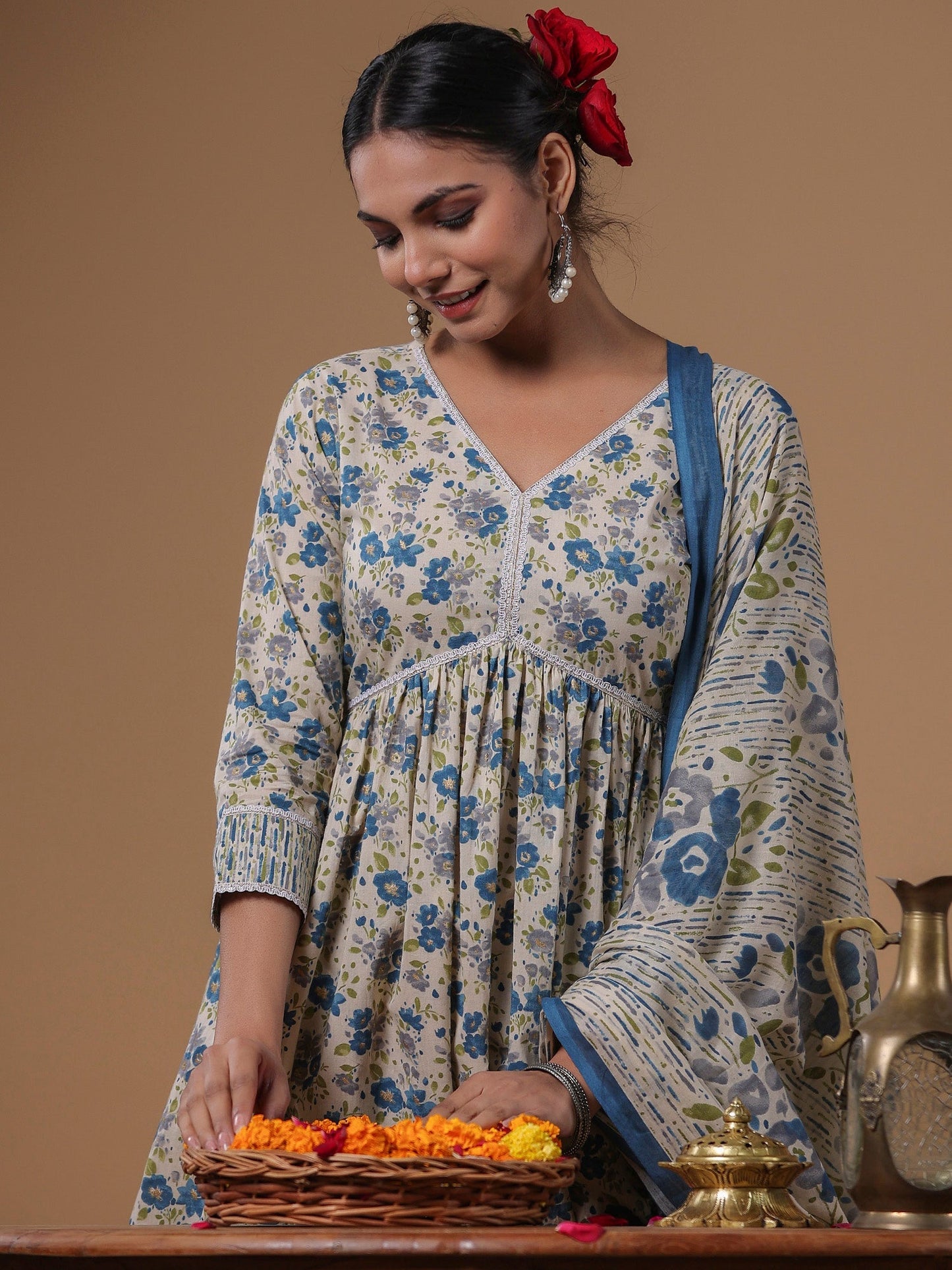 Indo Era Beige Printed A-Line Kurta Sharara With Dupatta set