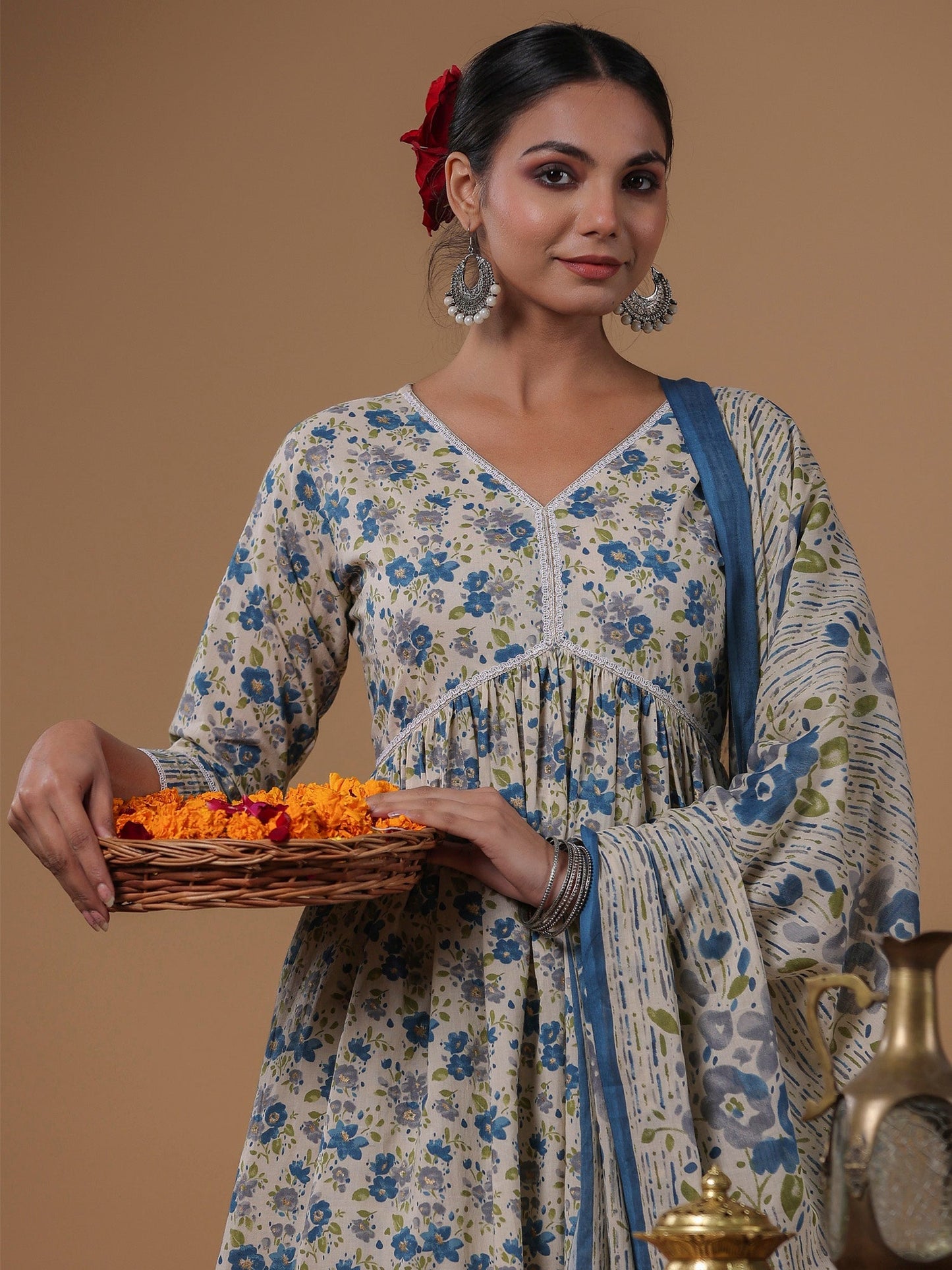 Indo Era Beige Printed A-Line Kurta Sharara With Dupatta set