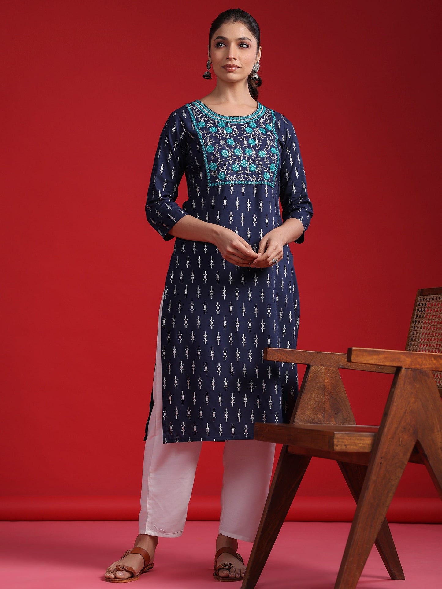 Indo Era Blue Ethnic Motifs Embroidered Mirror Work Kurta