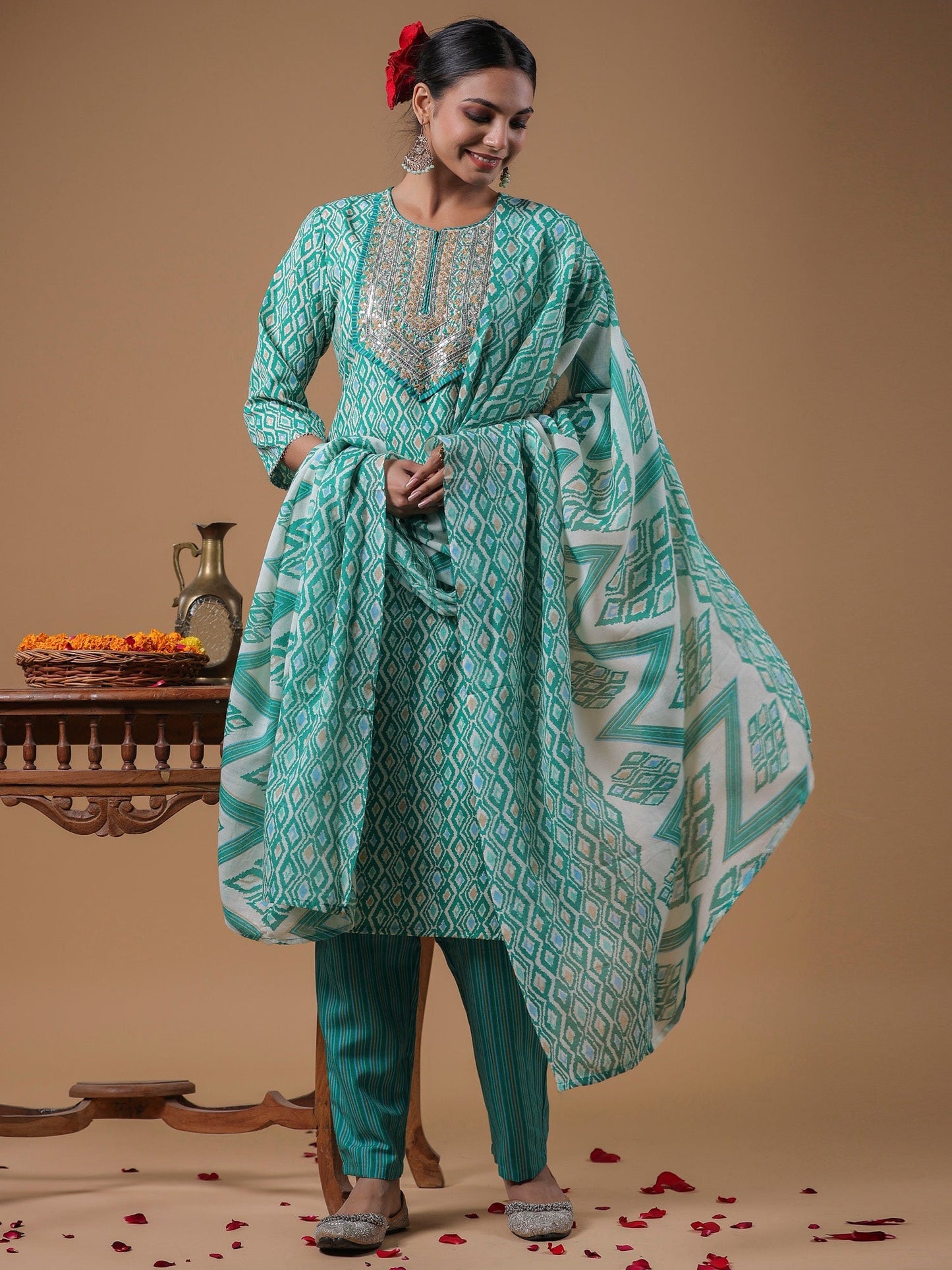Indo Era Green Embroidered Straight Kurta Trousers With Dupatta Set