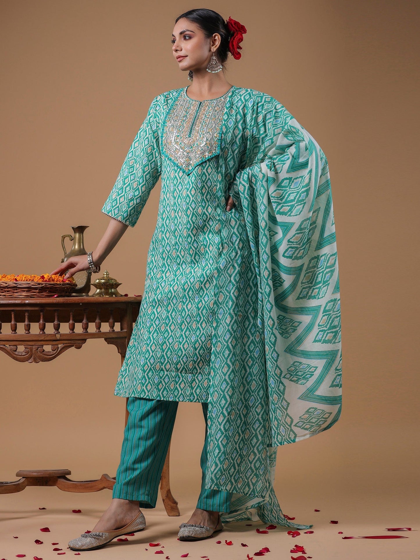 Indo Era Green Embroidered Straight Kurta Trousers With Dupatta Set