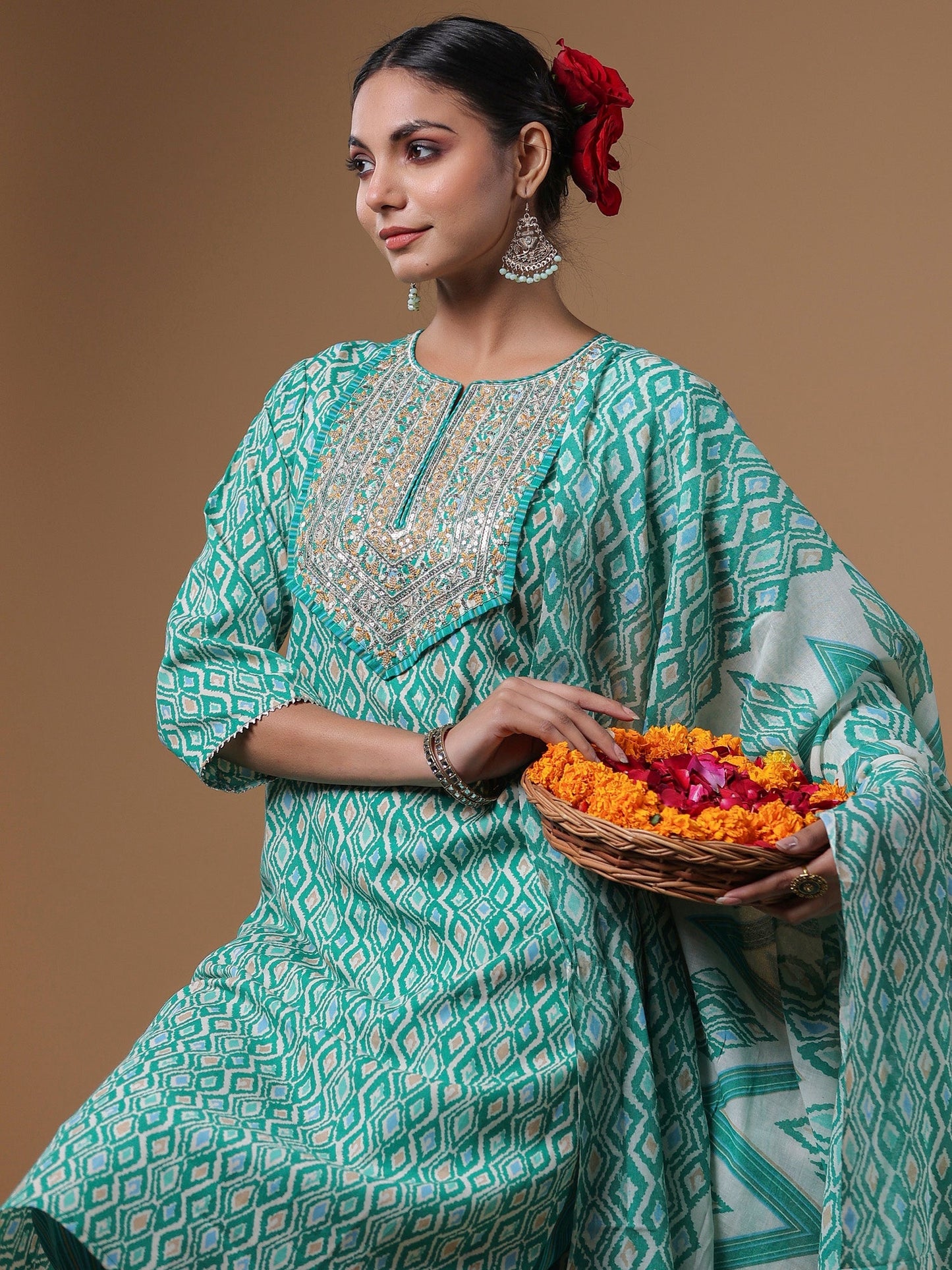 Indo Era Green Embroidered Straight Kurta Trousers With Dupatta Set