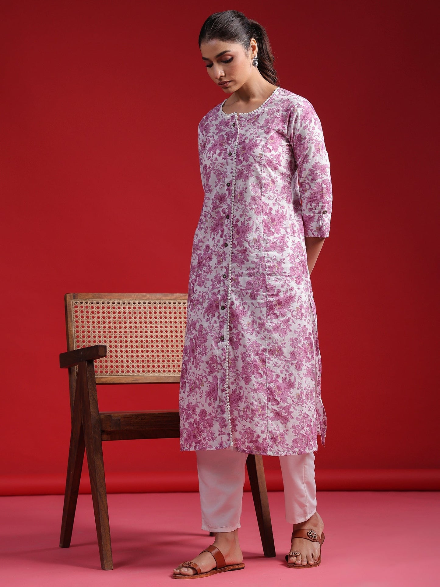 Indo Era Lavender Printed A-Line Kurtas