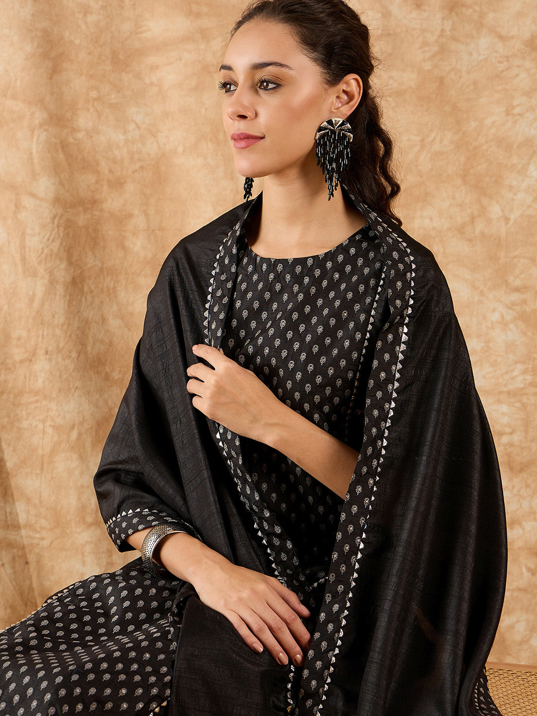 Indo Era Black Printed A-Line Kurta Trouser with Dupatta set