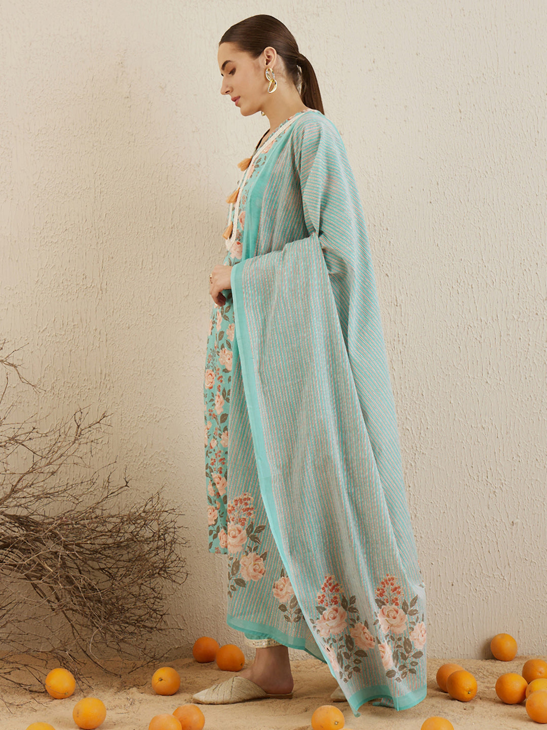 Indo Era Blue Printed Straight Kurta Trousers With Dupatta set