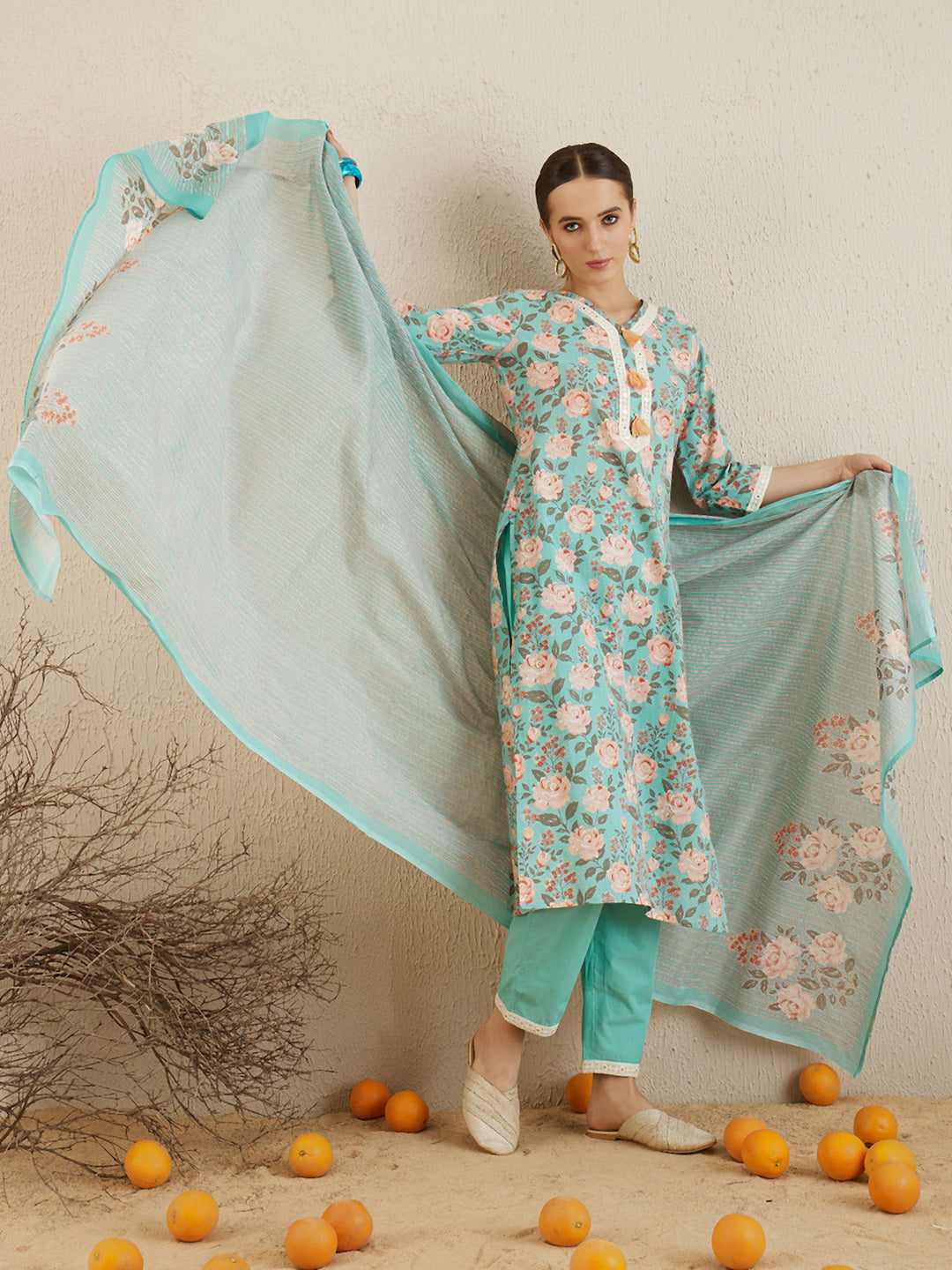Indo Era Blue Printed Straight Kurta Trousers With Dupatta set