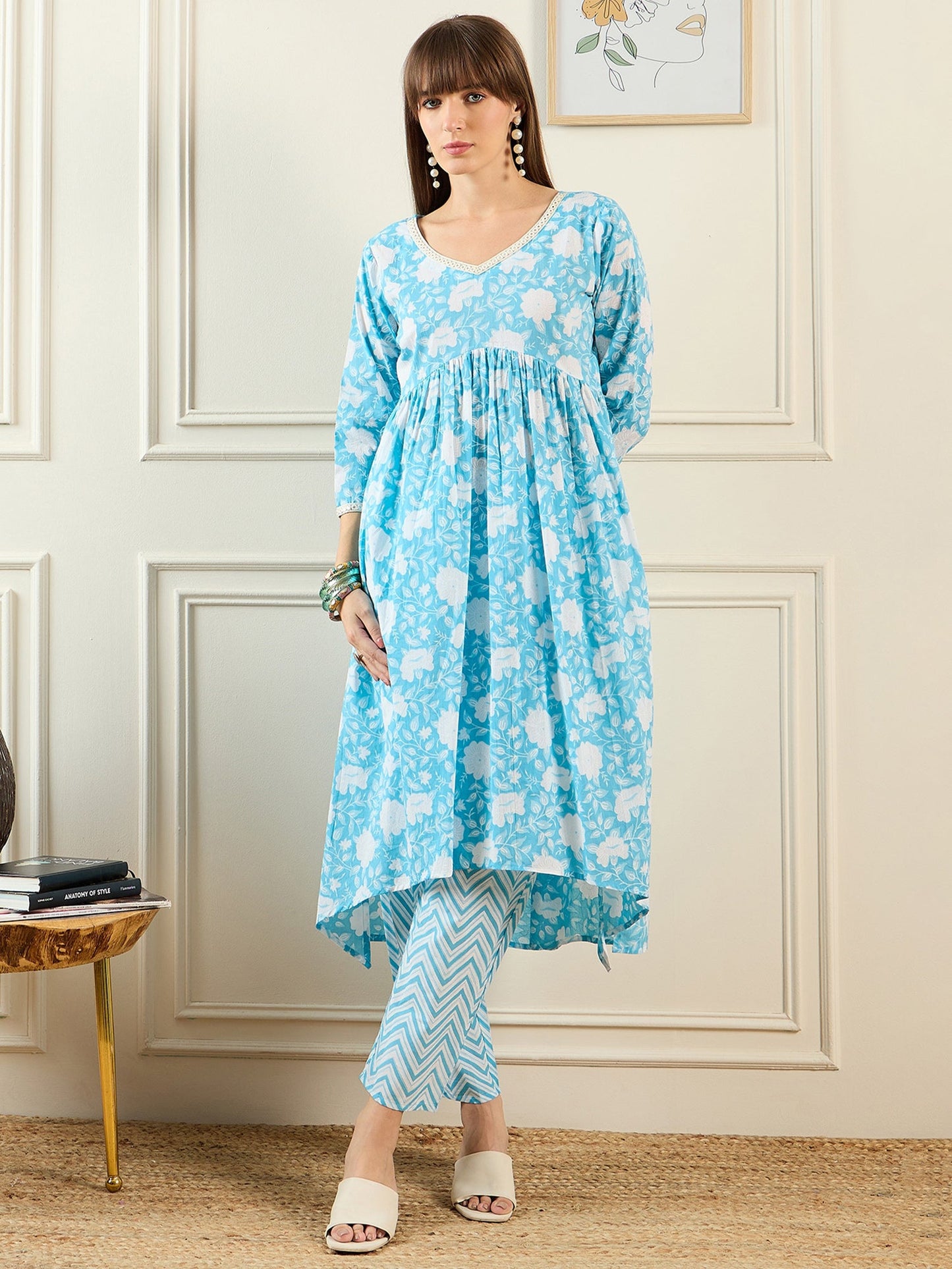 Indo Era Blue Printed A-Line Kurta Trousers With Dupatta set