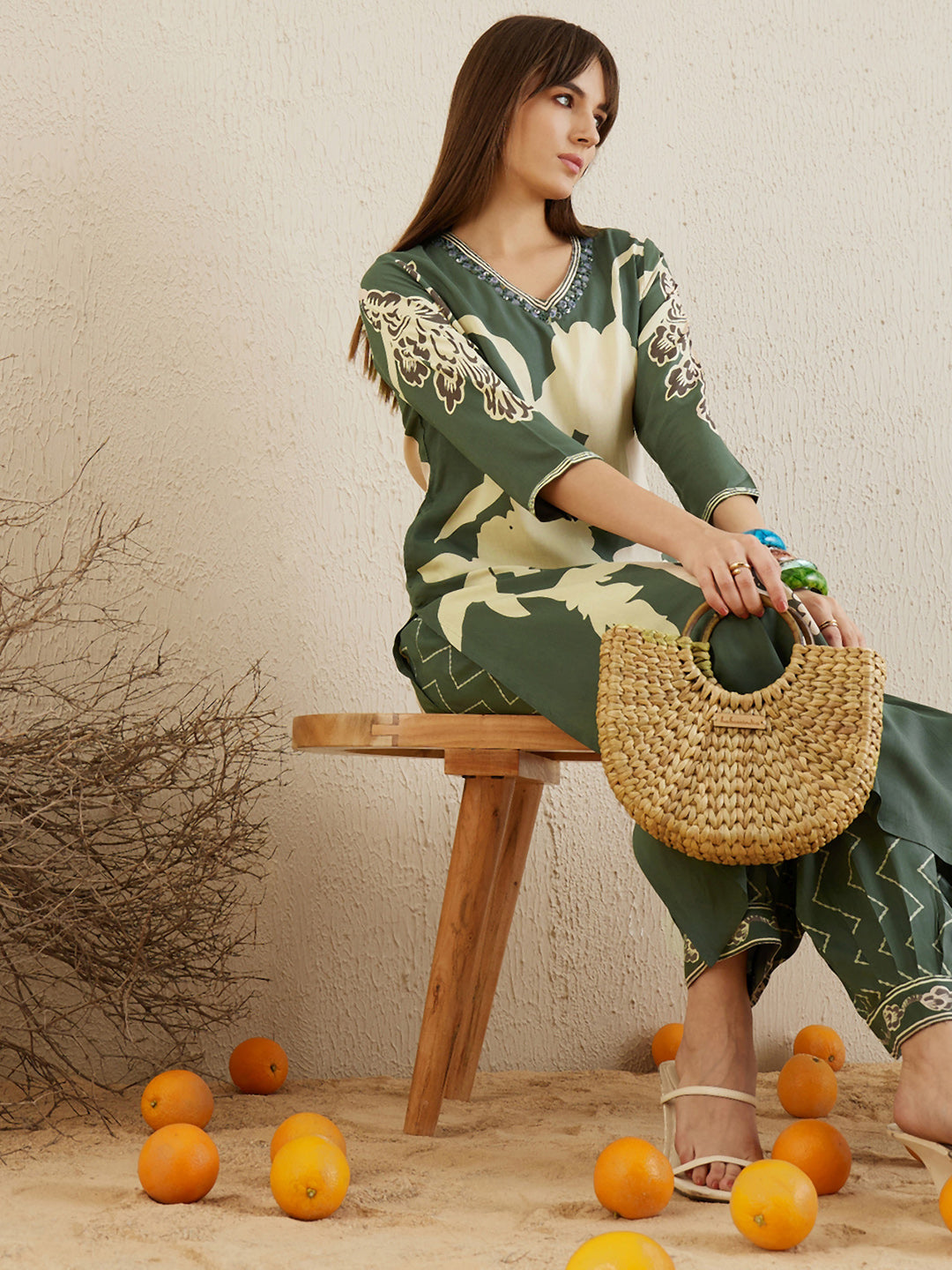Indo Era Green Printed A-Line Kurta Salwar set