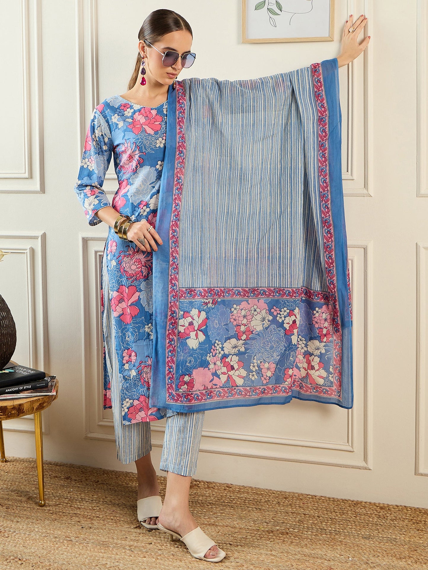 Indo Era Blue Printed Straight Kurta Trousers With Dupatta set