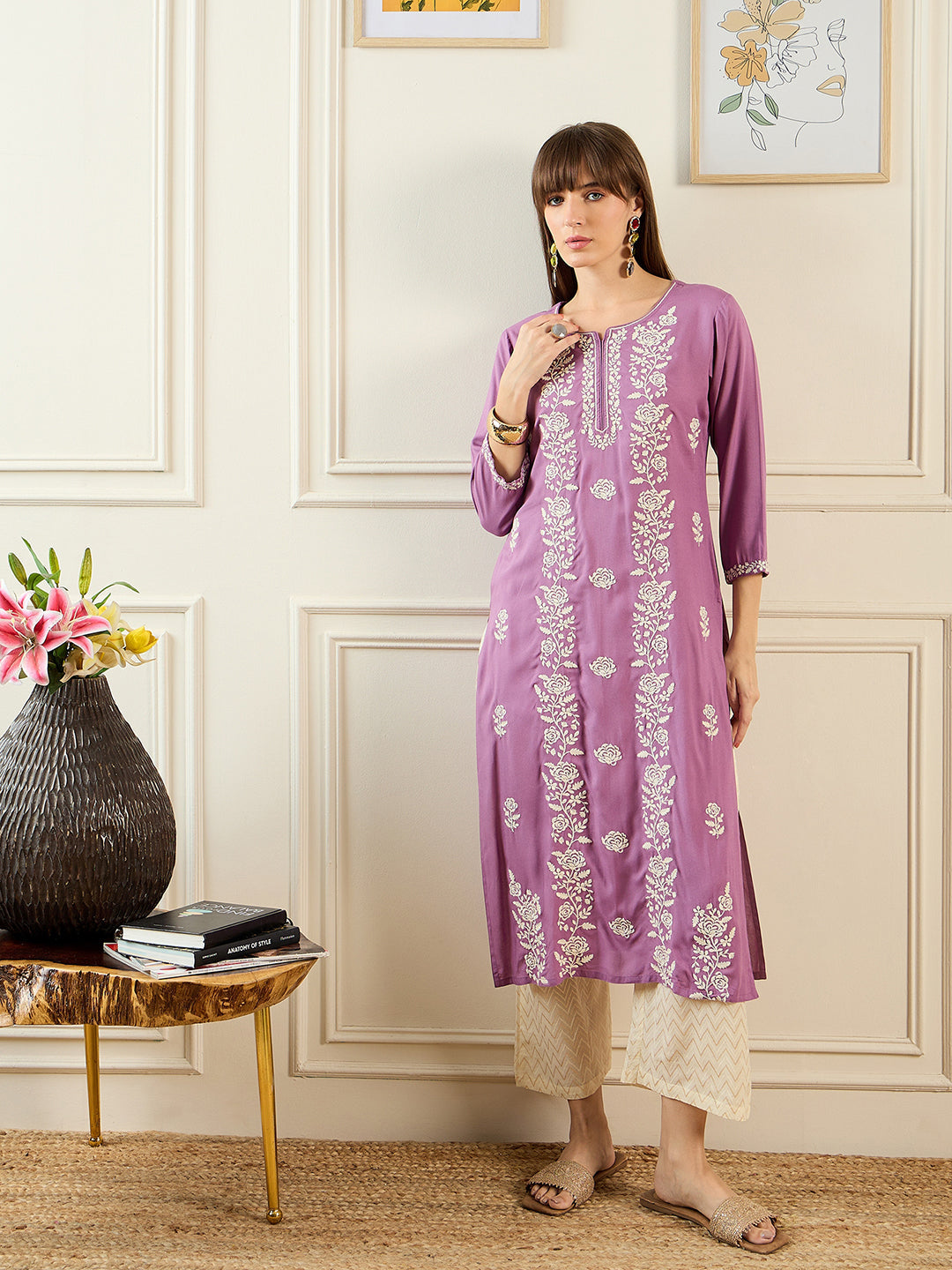indo era Lavender Embroidered Straight Kurtas