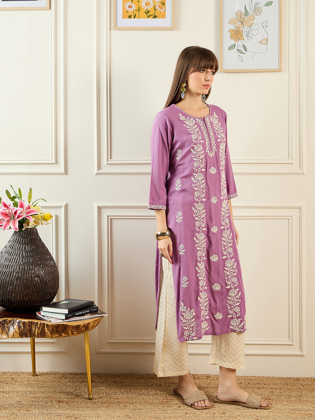 indo era Lavender Embroidered Straight Kurtas
