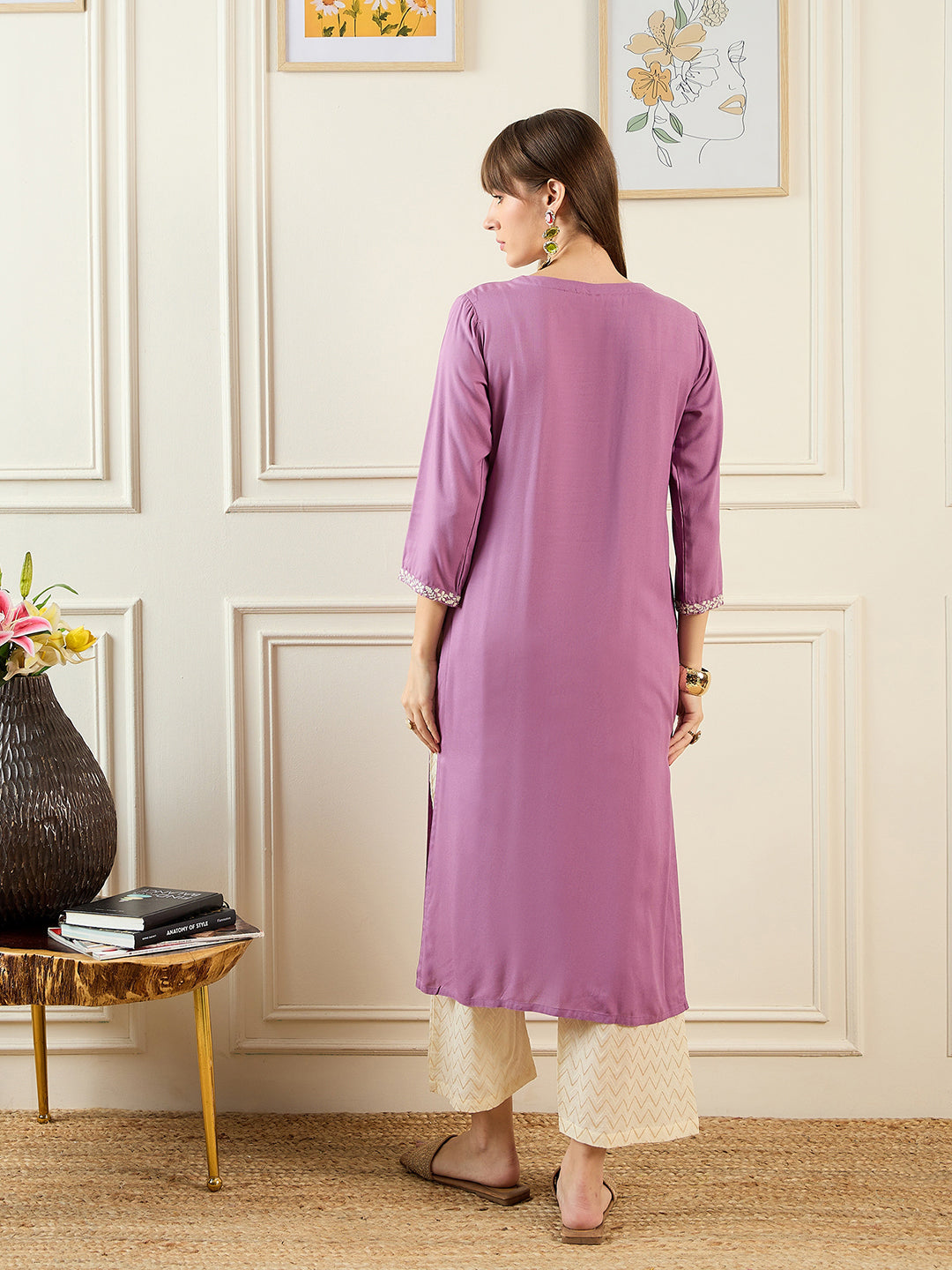 indo era Lavender Embroidered Straight Kurtas