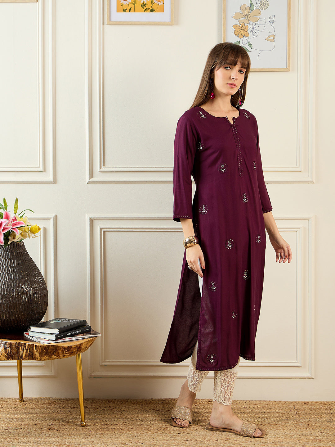 indo era Burgundy Embroidered Straight Kurtas