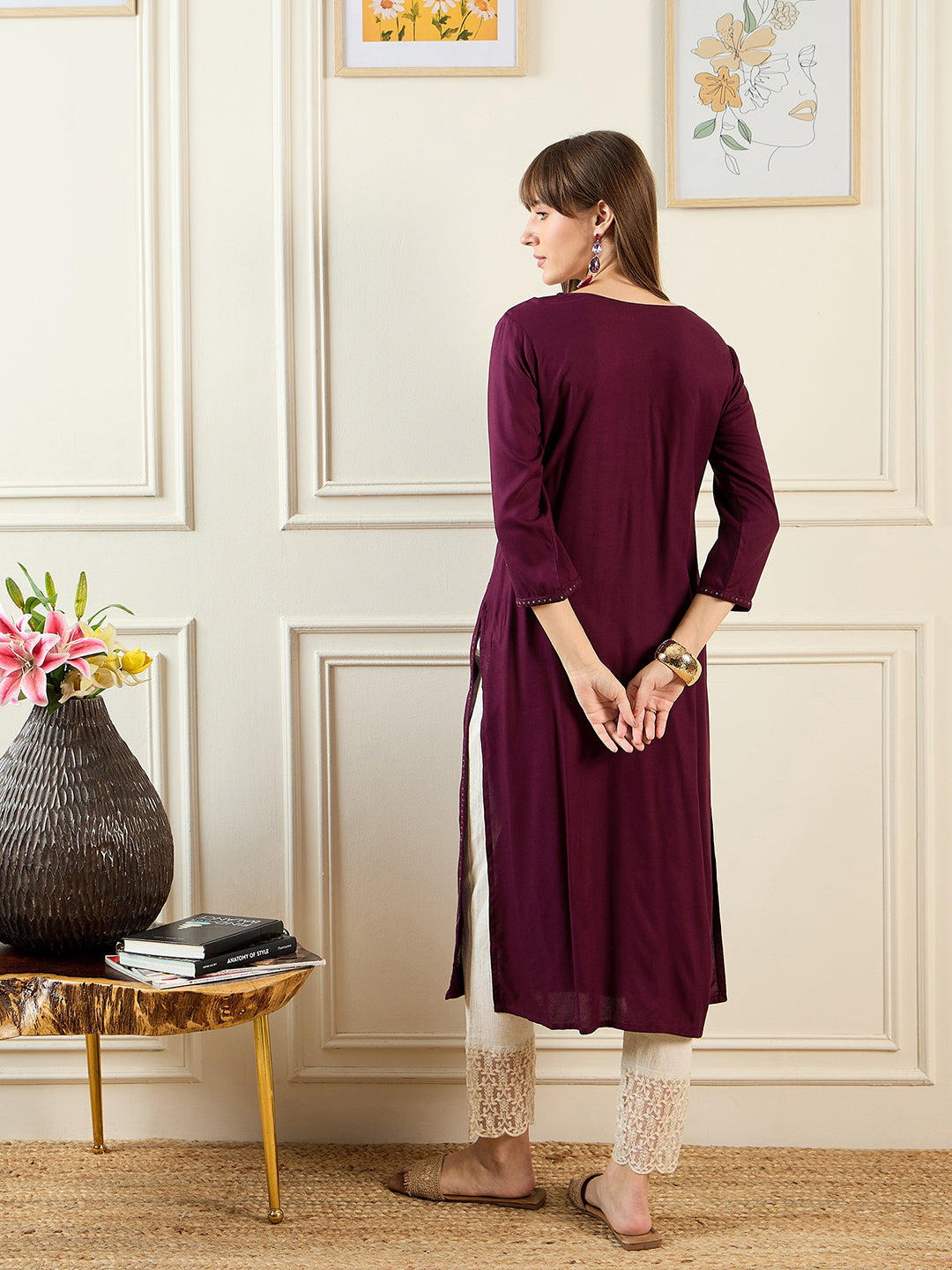 indo era Burgundy Embroidered Straight Kurtas