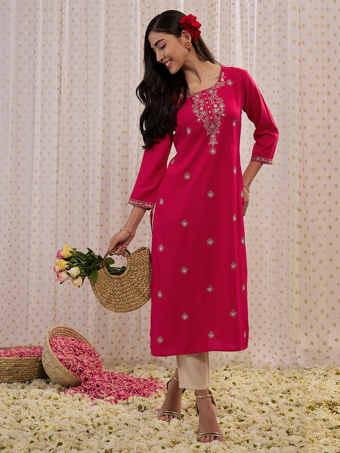 Indo Era Magenta Embroidered Straight Kurtas