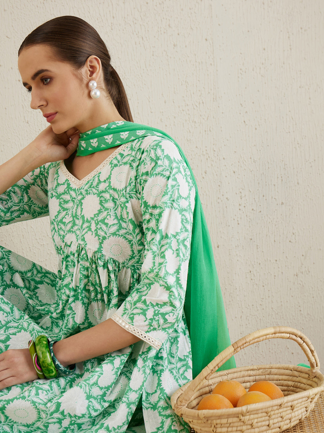 Indo Era Green Printed A-Line Kurta Trousers With Dupatta set