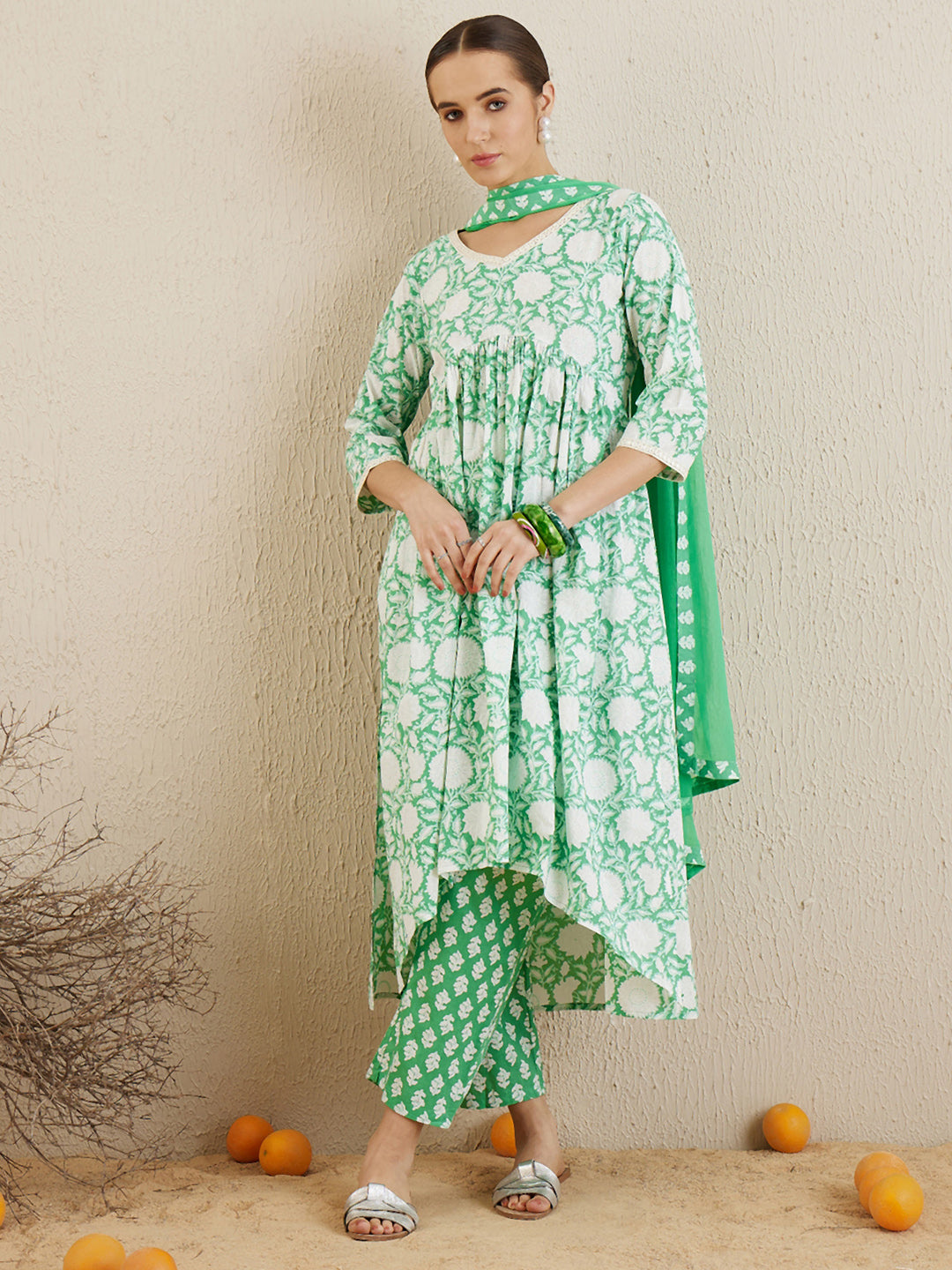 Indo Era Green Printed A-Line Kurta Trousers With Dupatta set