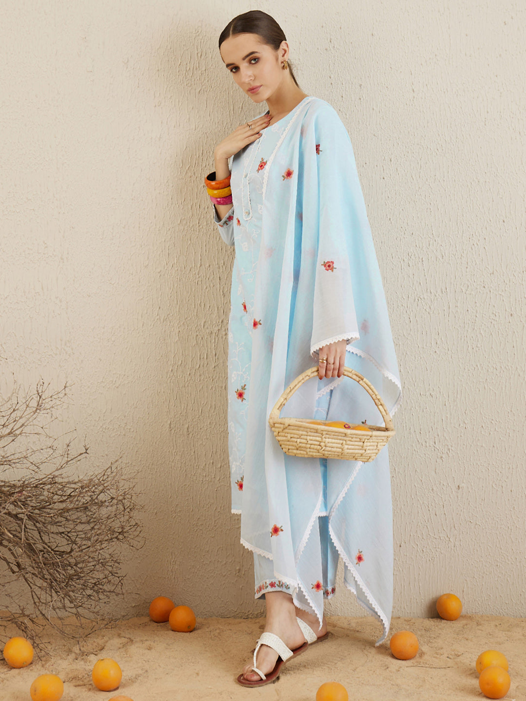 Indo Era Blue Embroidered Straight Kurta Trousers With Dupatta set
