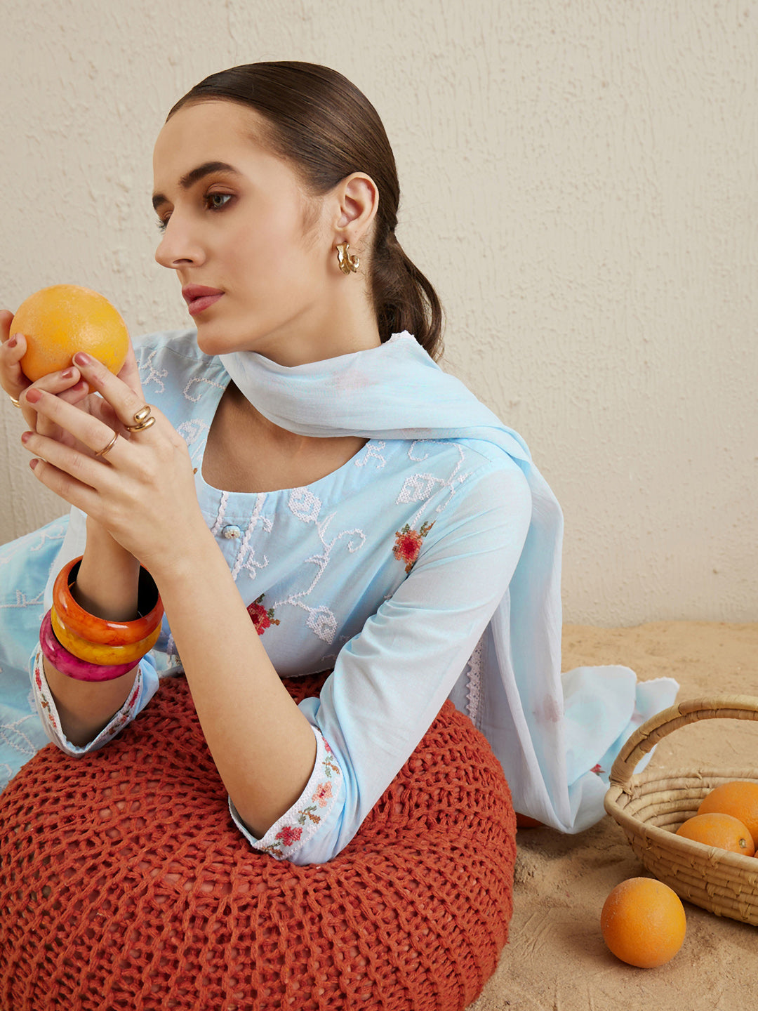 Indo Era Blue Embroidered Straight Kurta Trousers With Dupatta set