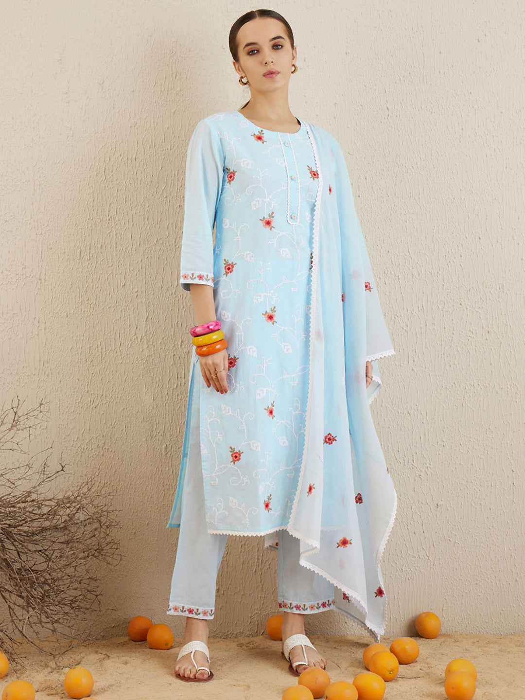 Indo Era Blue Embroidered Straight Kurta Trousers With Dupatta set