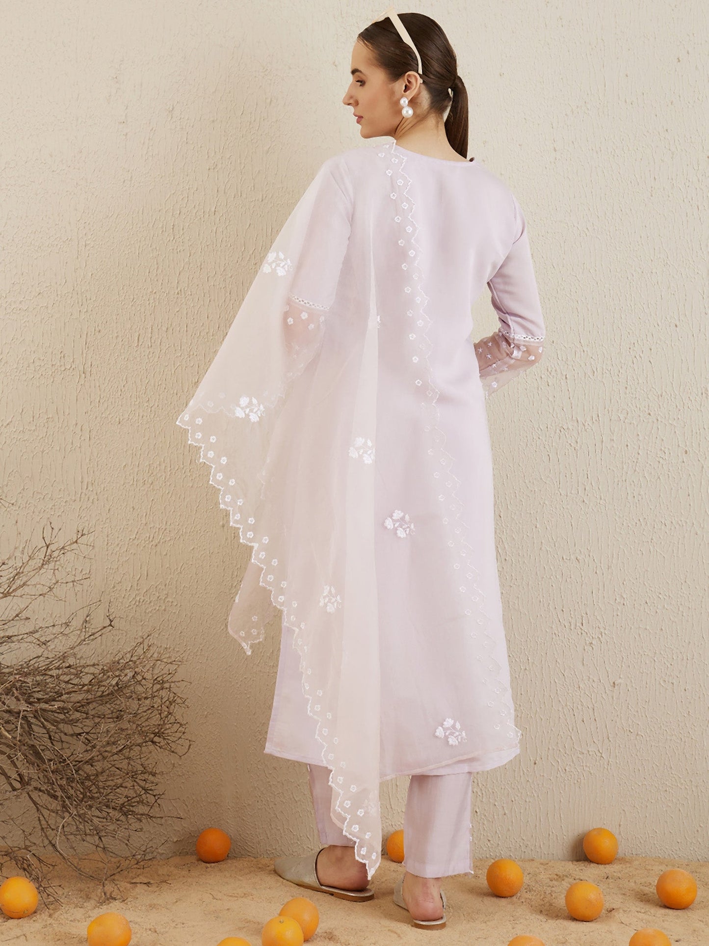 Indo Era Lavender Embroidered Straight Kurta Trousers With Dupatta set