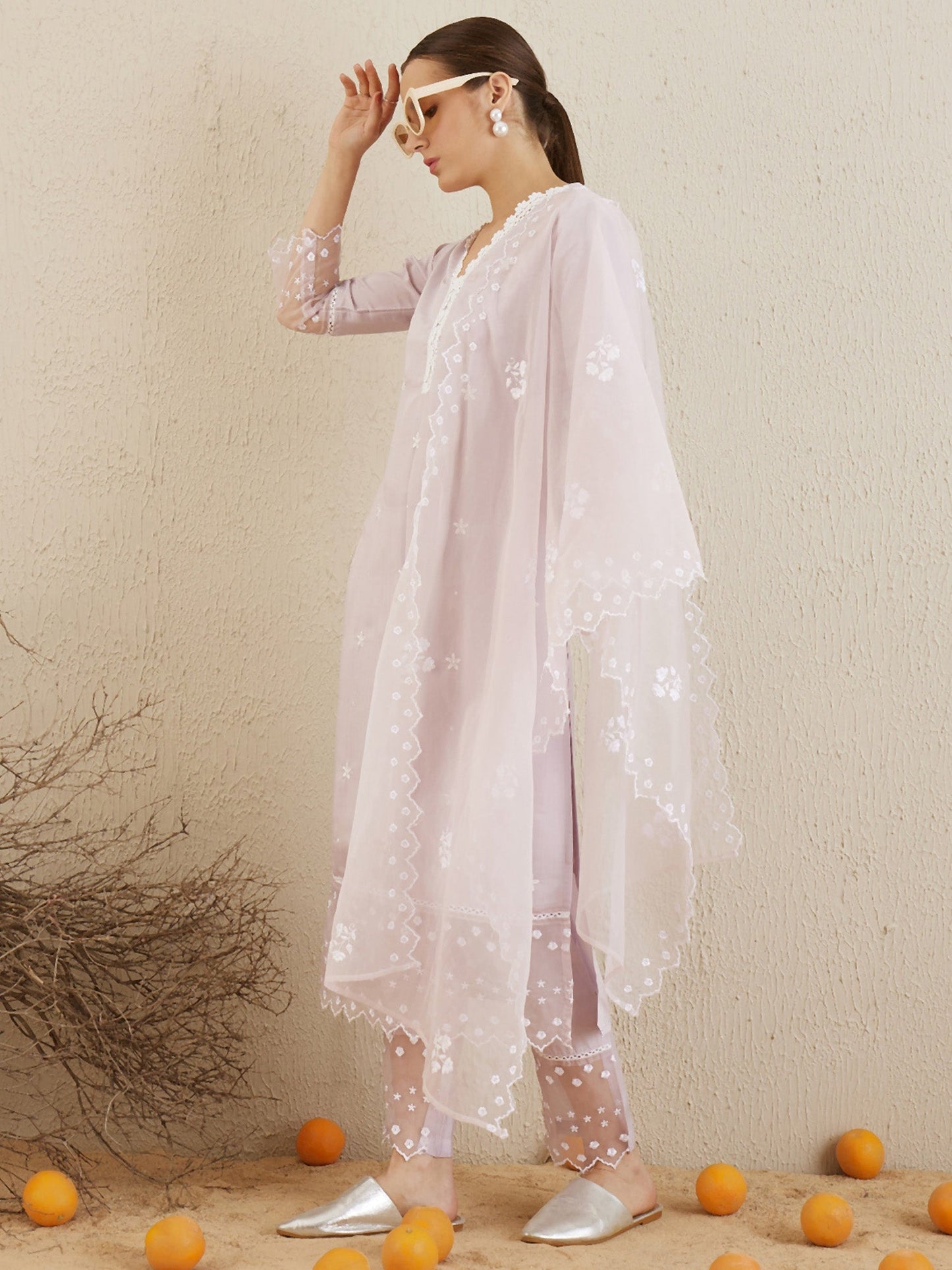 Indo Era Lavender Embroidered Straight Kurta Trousers With Dupatta set