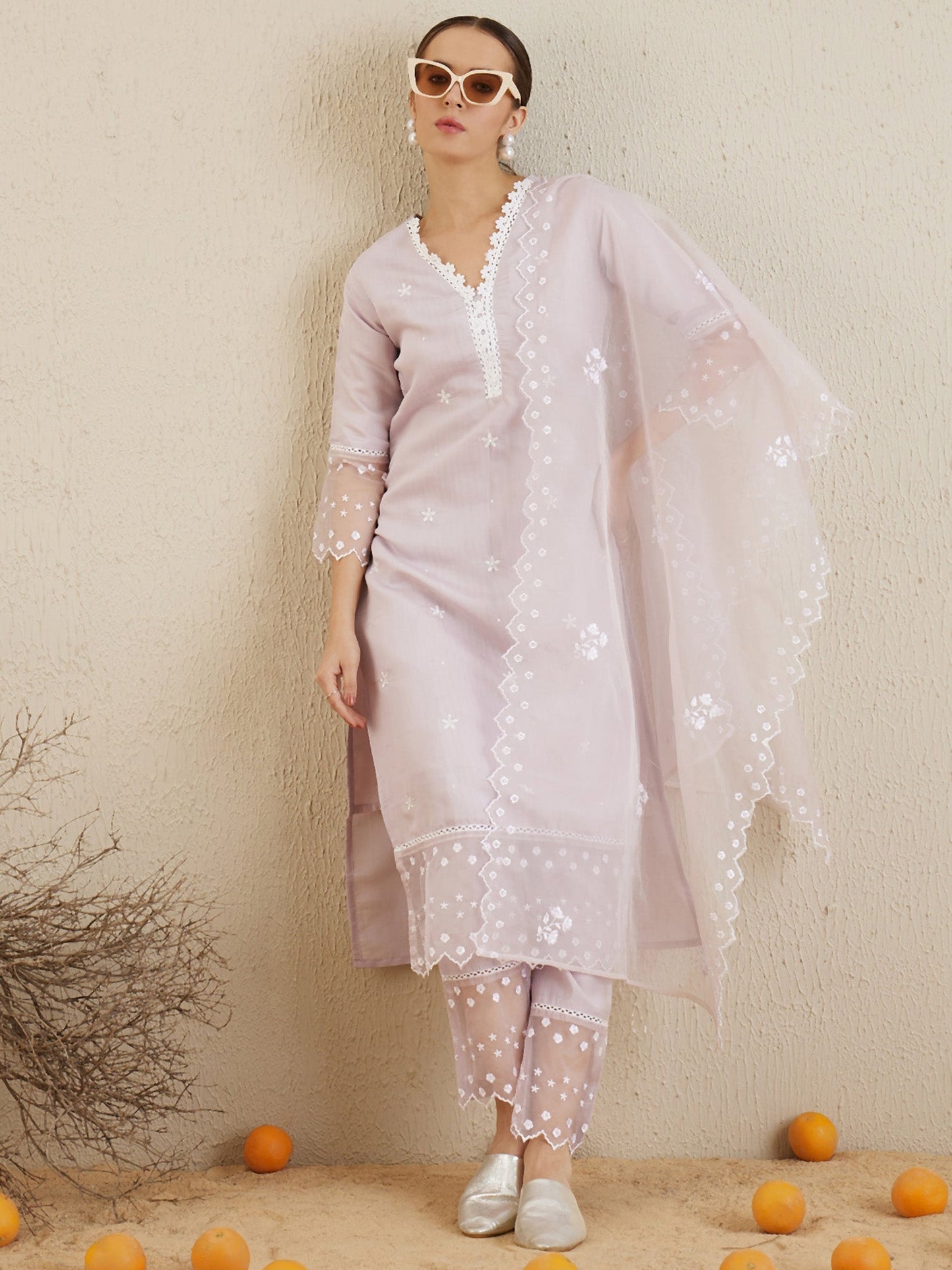 Indo Era Lavender Embroidered Straight Kurta Trousers With Dupatta set